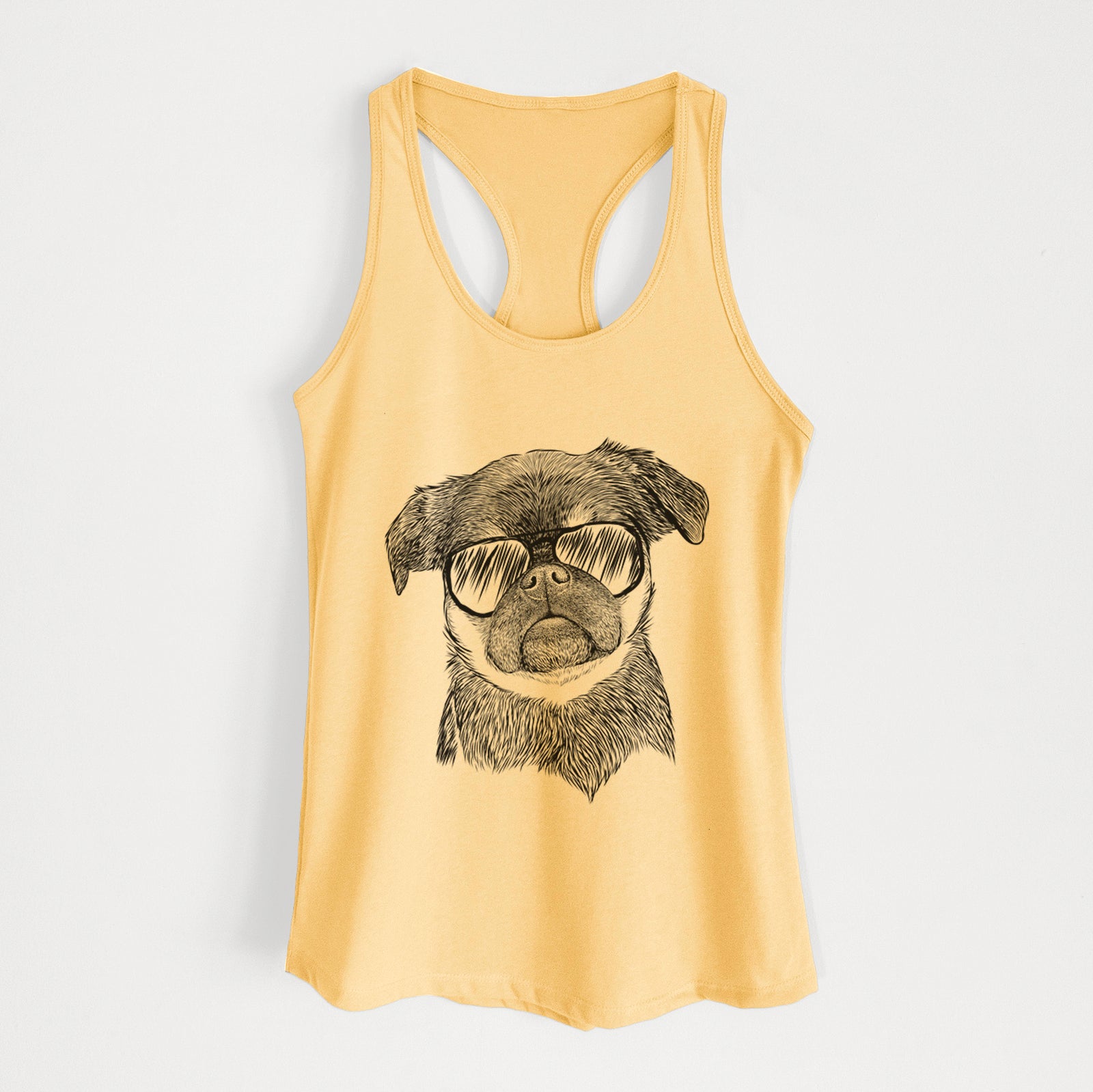 Hand-drawn sketch of Simone the Brussels Griffon wearing aviator sunglasses on a Banana Cream Women's racerback tanktop