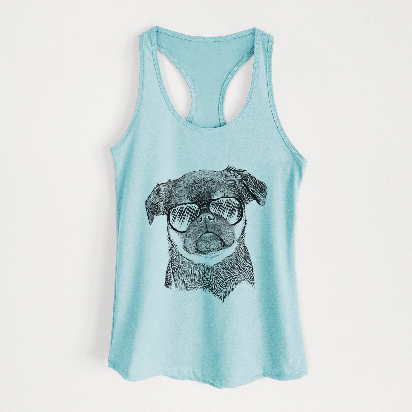 Hand-drawn sketch of Simone the Brussels Griffon wearing aviator sunglasses on a Cancun Blue Women's racerback tanktop