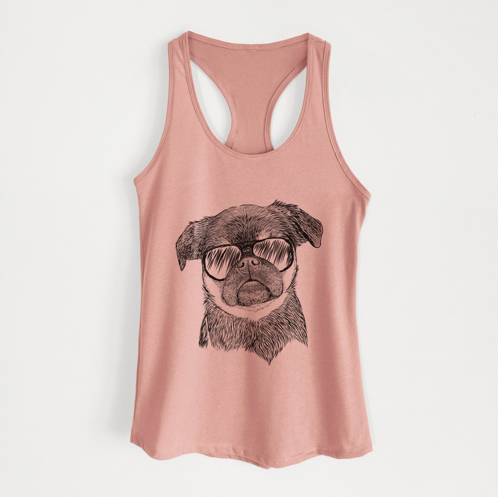 Hand-drawn sketch of Simone the Brussels Griffon wearing aviator sunglasses on a Desert Pink Women's racerback tanktop