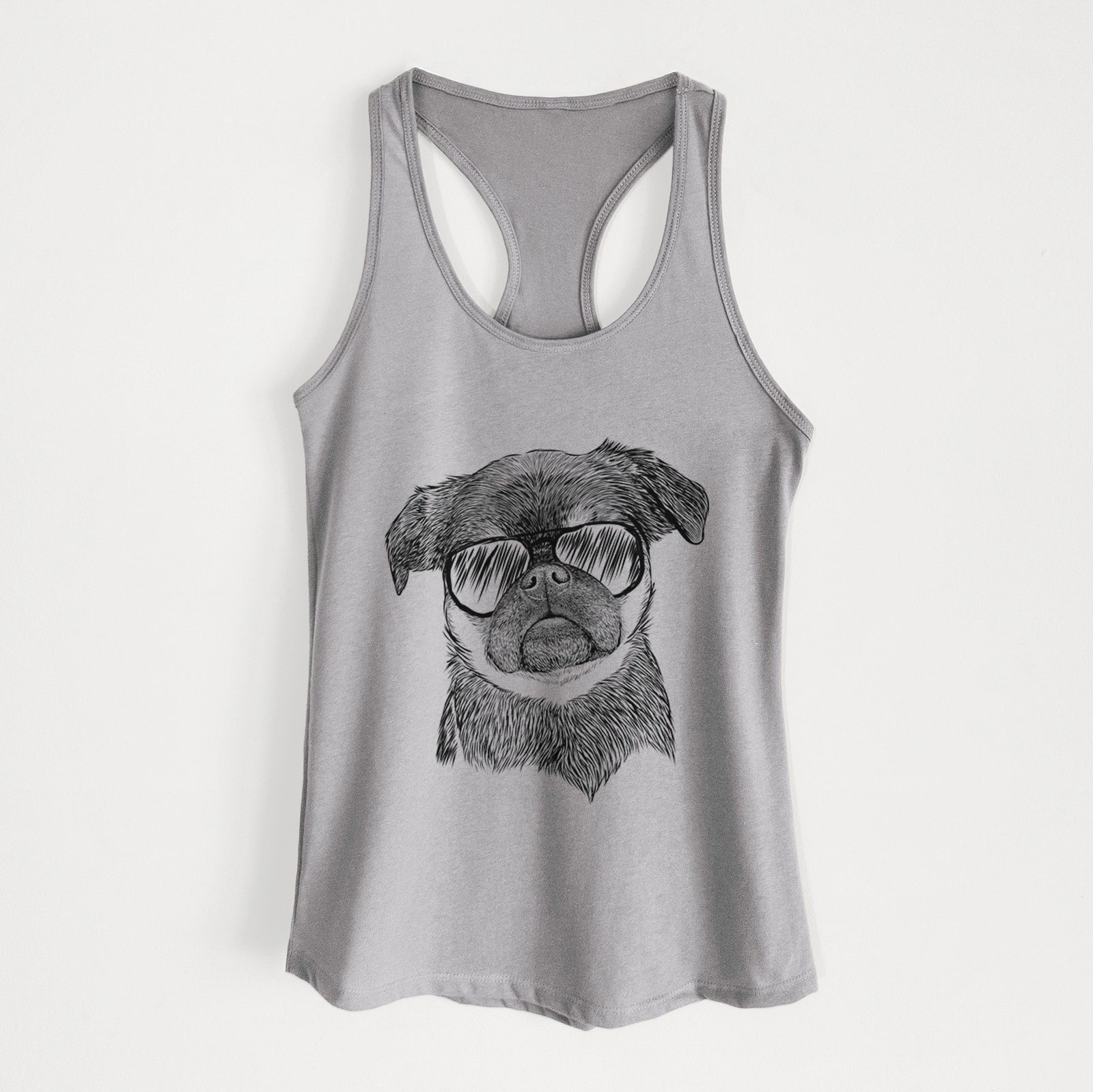 Hand-drawn sketch of Simone the Brussels Griffon wearing aviator sunglasses on a Heather Grey Women's racerback tanktop