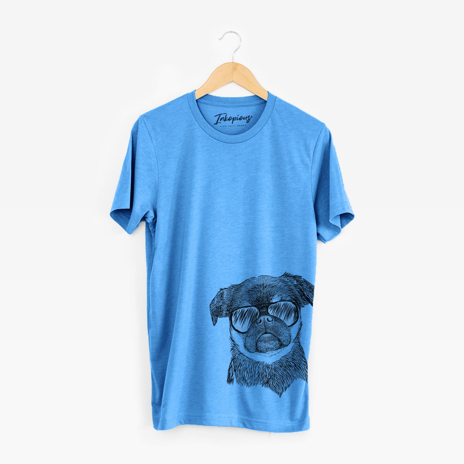 Hand-drawn sketch of Simone the Brussels Griffon wearing aviator sunglasses on a Blue Unisex crewneck