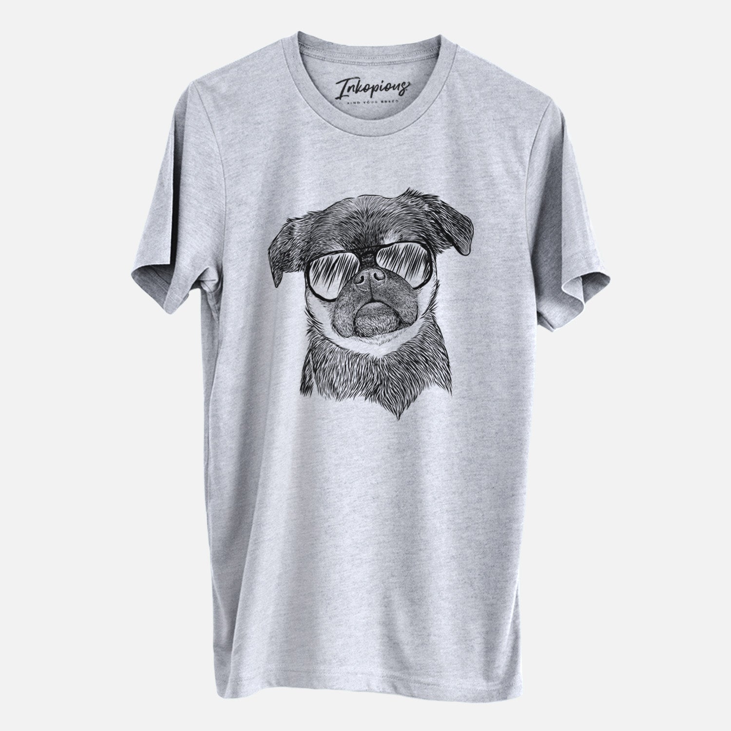 Hand-drawn sketch of Simone the Brussels Griffon wearing aviator sunglasses on a Grey Unisex crewneck