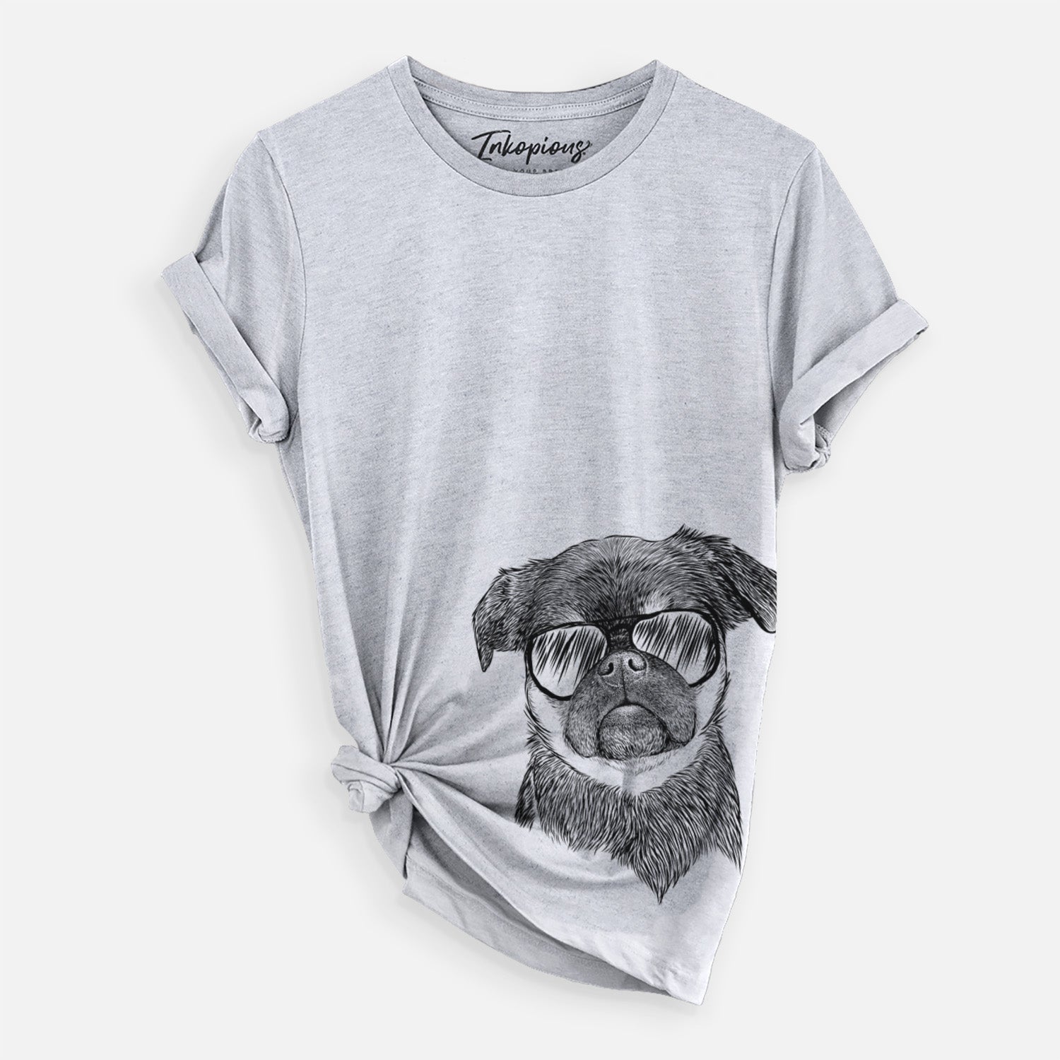 Hand-drawn sketch of Simone the Brussels Griffon wearing aviator sunglasses on a Grey Unisex crewneck