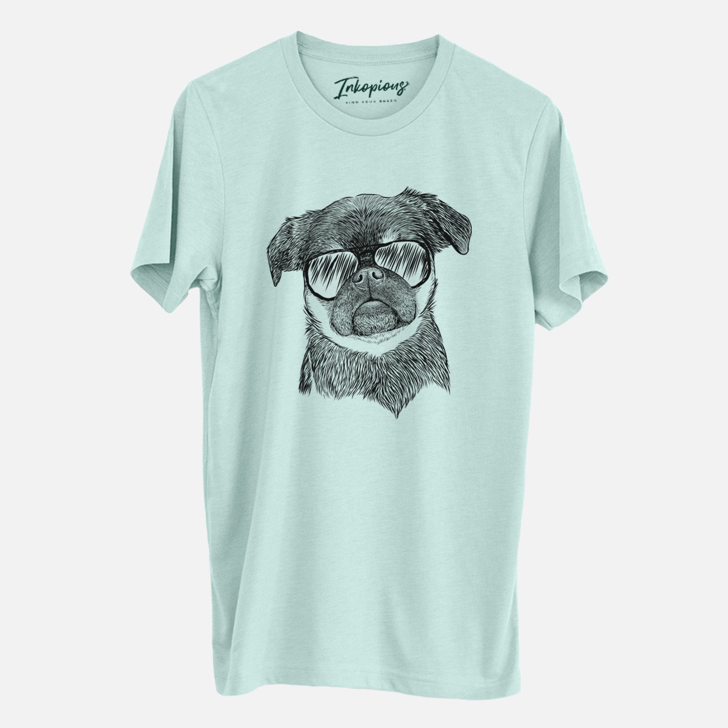 Hand-drawn sketch of Simone the Brussels Griffon wearing aviator sunglasses on a Heather Sage Unisex crewneck