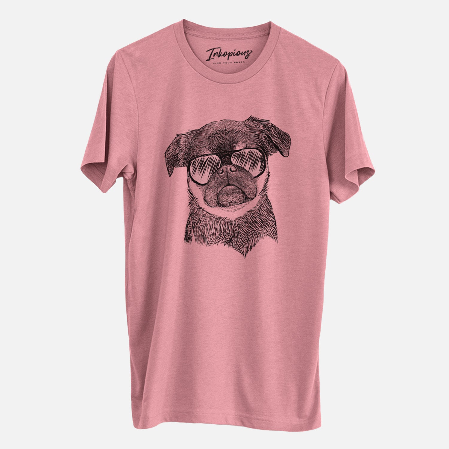 Hand-drawn sketch of Simone the Brussels Griffon wearing aviator sunglasses on a Mauve Unisex crewneck