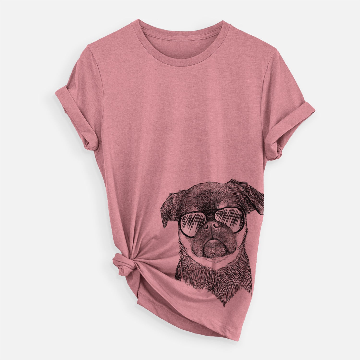 Hand-drawn sketch of Simone the Brussels Griffon wearing aviator sunglasses on a Mauve Unisex crewneck