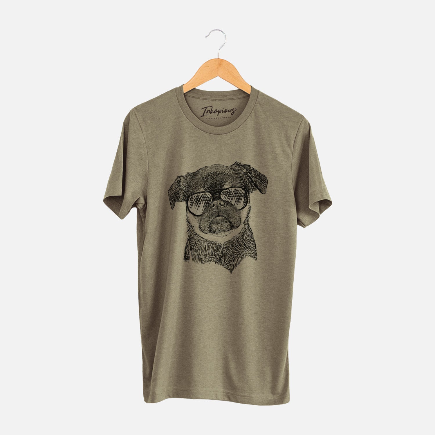 Hand-drawn sketch of Simone the Brussels Griffon wearing aviator sunglasses on an Olive Unisex crewneck