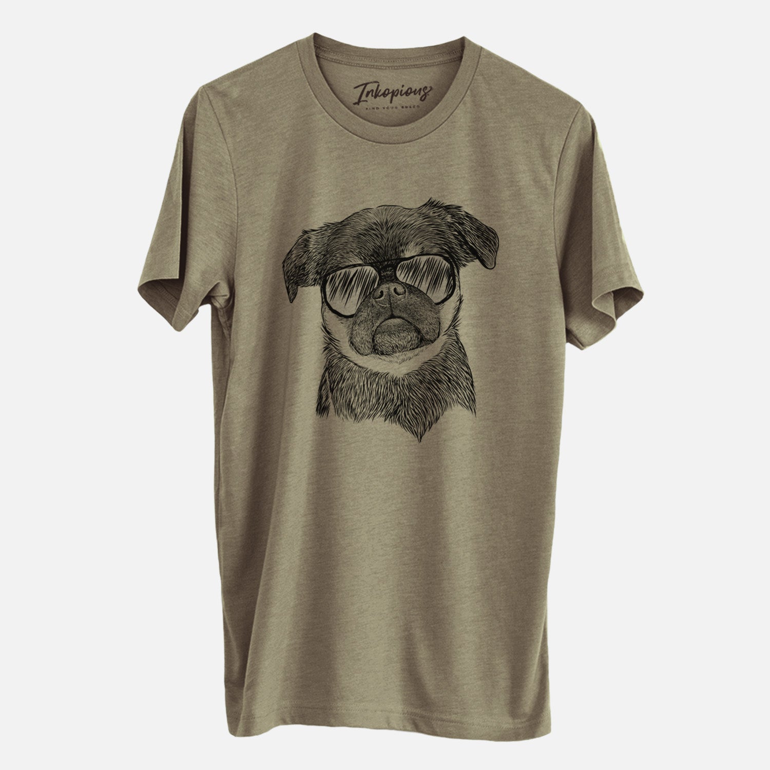Hand-drawn sketch of Simone the Brussels Griffon wearing aviator sunglasses on an Olive Unisex crewneck
