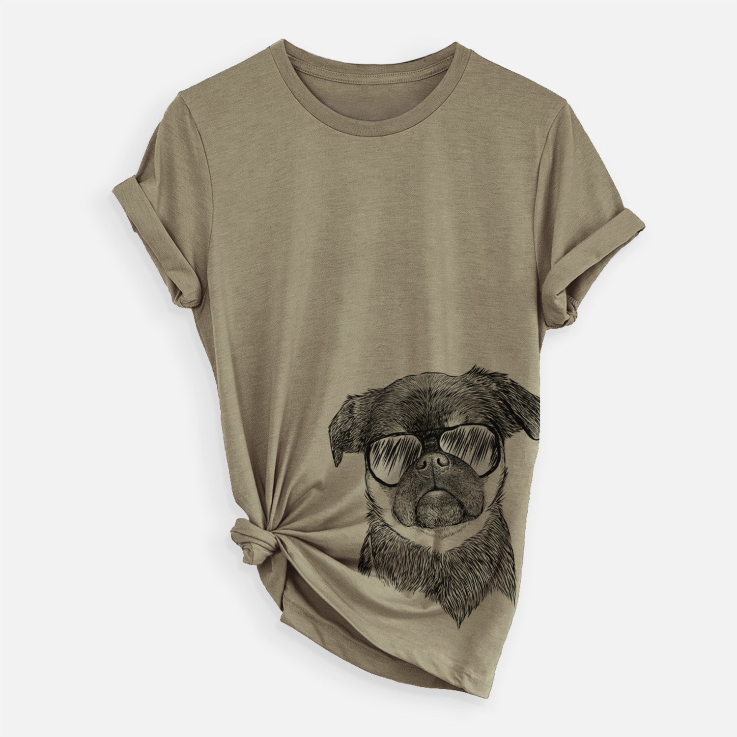 Hand-drawn sketch of Simone the Brussels Griffon wearing aviator sunglasses on an Olive Unisex crewneck