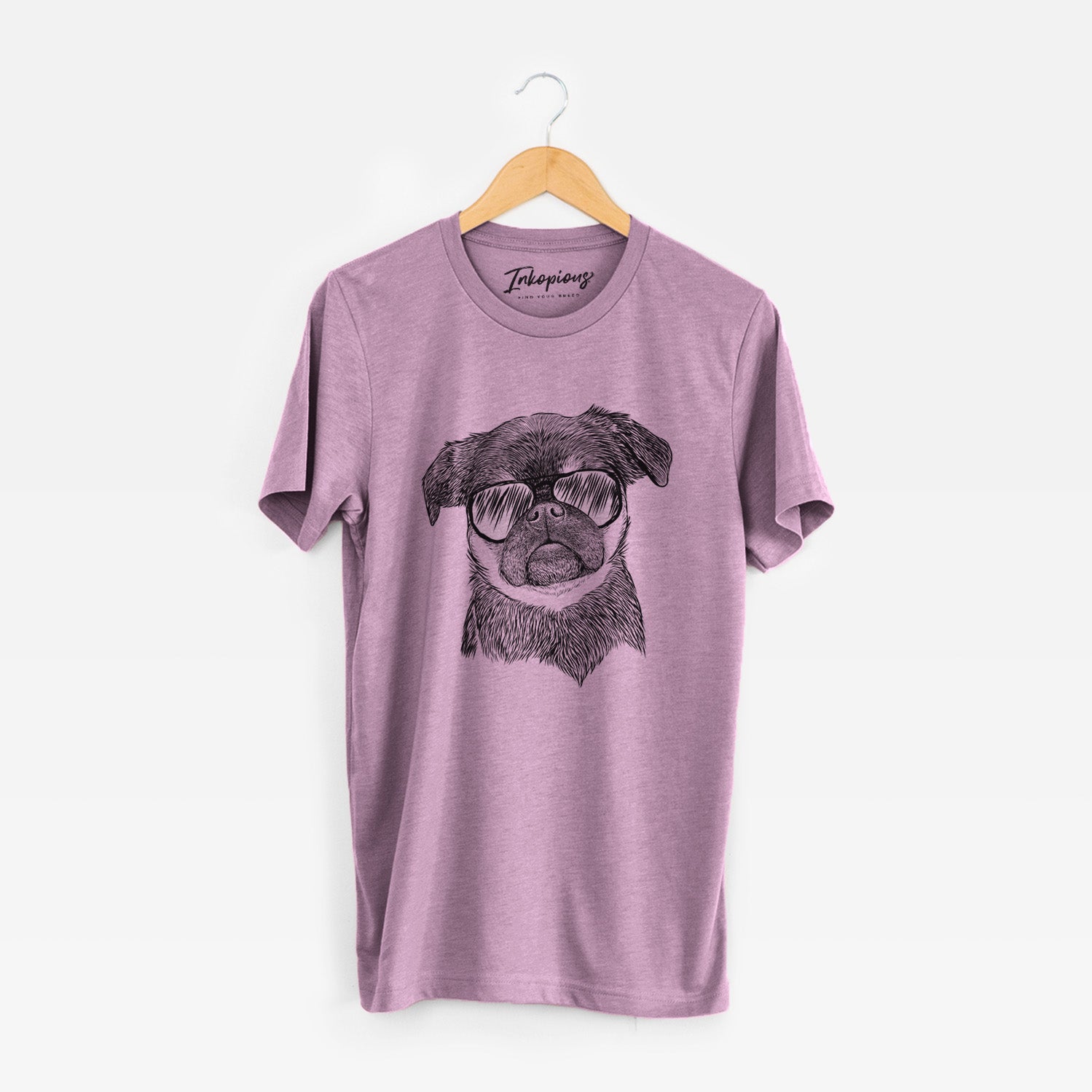 Hand-drawn sketch of Simone the Brussels Griffon wearing aviator sunglasses on an Orchid Unisex crewneck