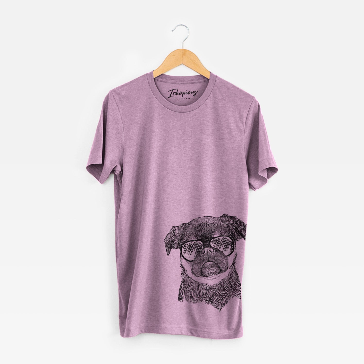 Hand-drawn sketch of Simone the Brussels Griffon wearing aviator sunglasses on an Orchid Unisex crewneck