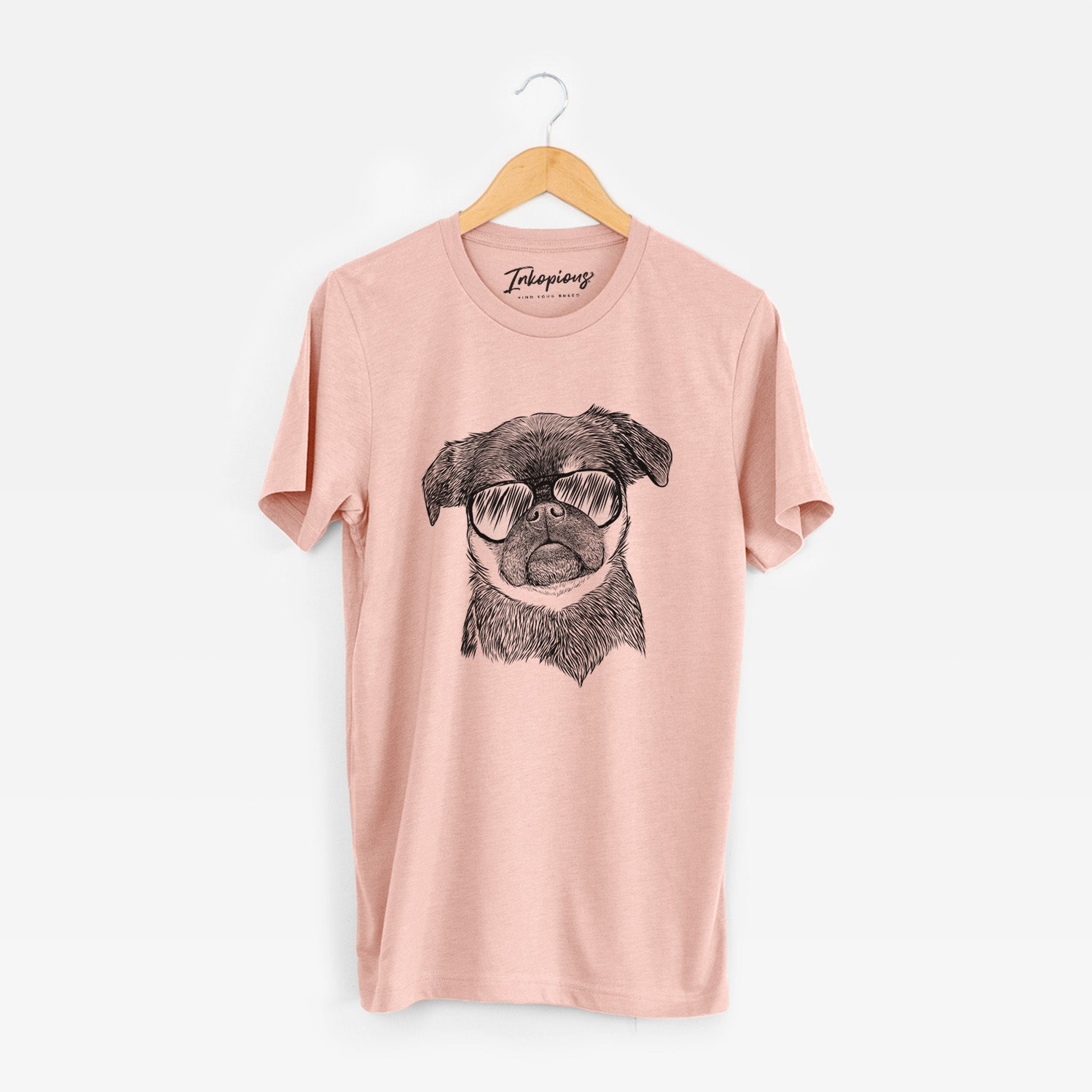 Hand-drawn sketch of Simone the Brussels Griffon wearing aviator sunglasses on a Peach Unisex crewneck