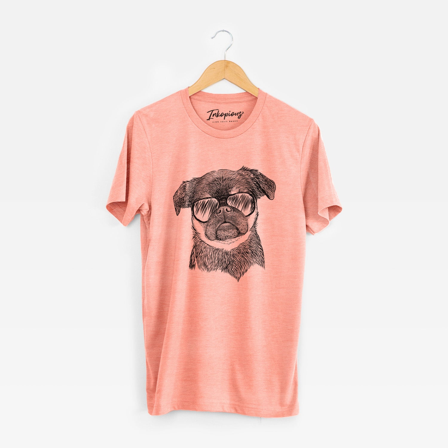 Hand-drawn sketch of Simone the Brussels Griffon wearing aviator sunglasses on a Sunset Unisex crewneck