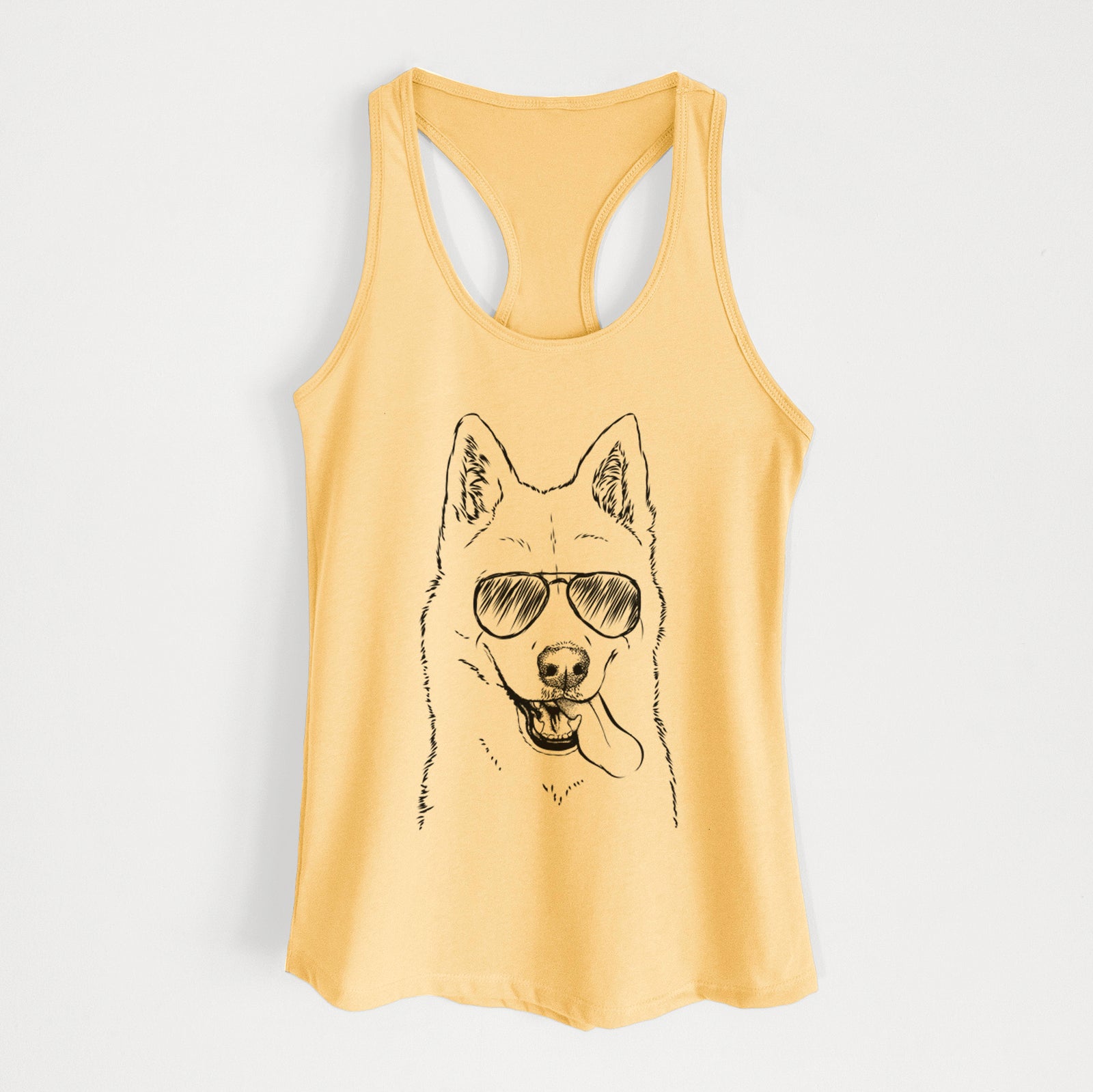 Hand-drawn sketch of Sinatra the Siberian Husky wearing aviator sunglasses on a Banana Cream Women's racerback tanktop