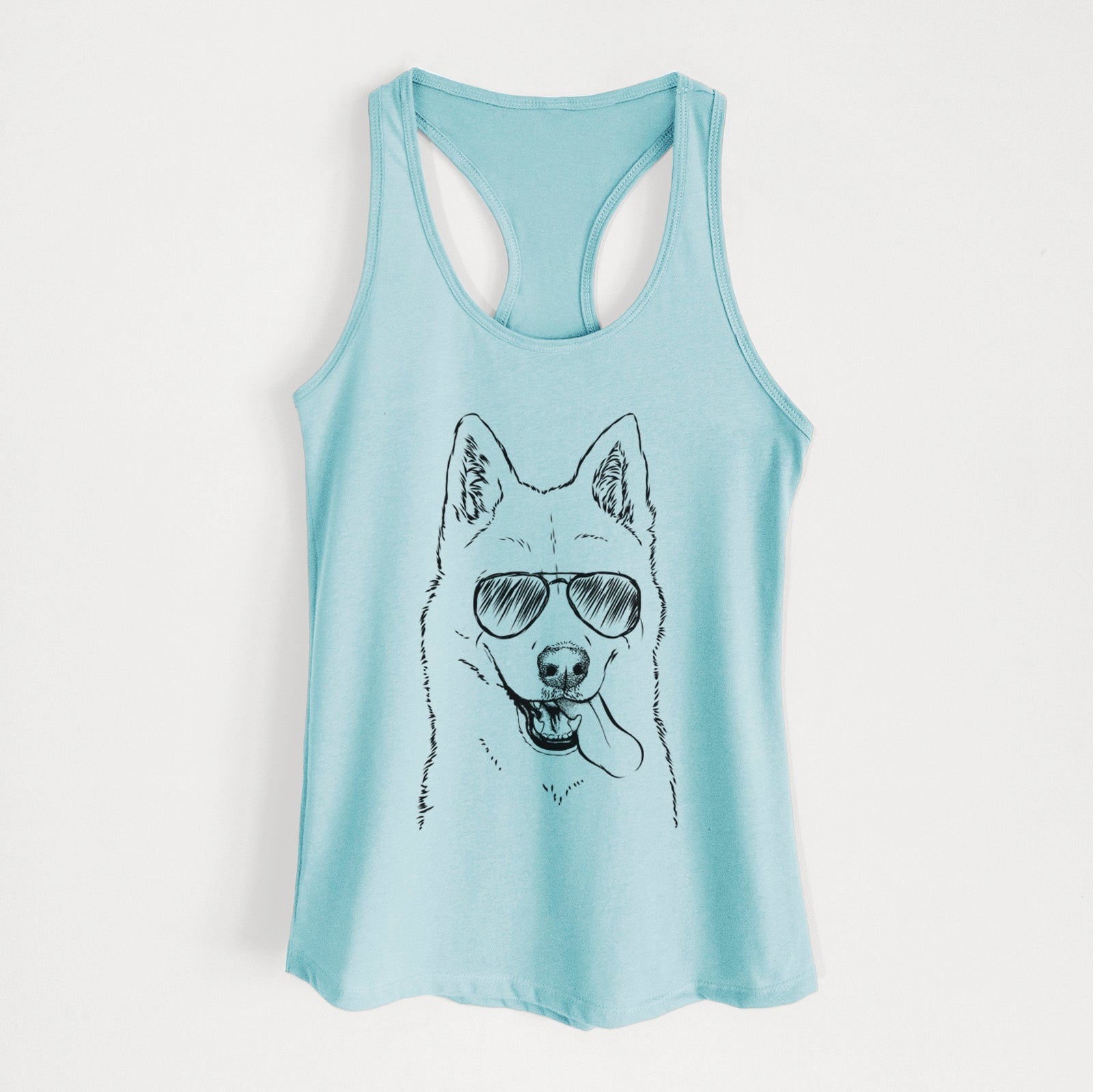 Hand-drawn sketch of Sinatra the Siberian Husky wearing aviator sunglasses on a Cancun Blue Women's racerback tanktop