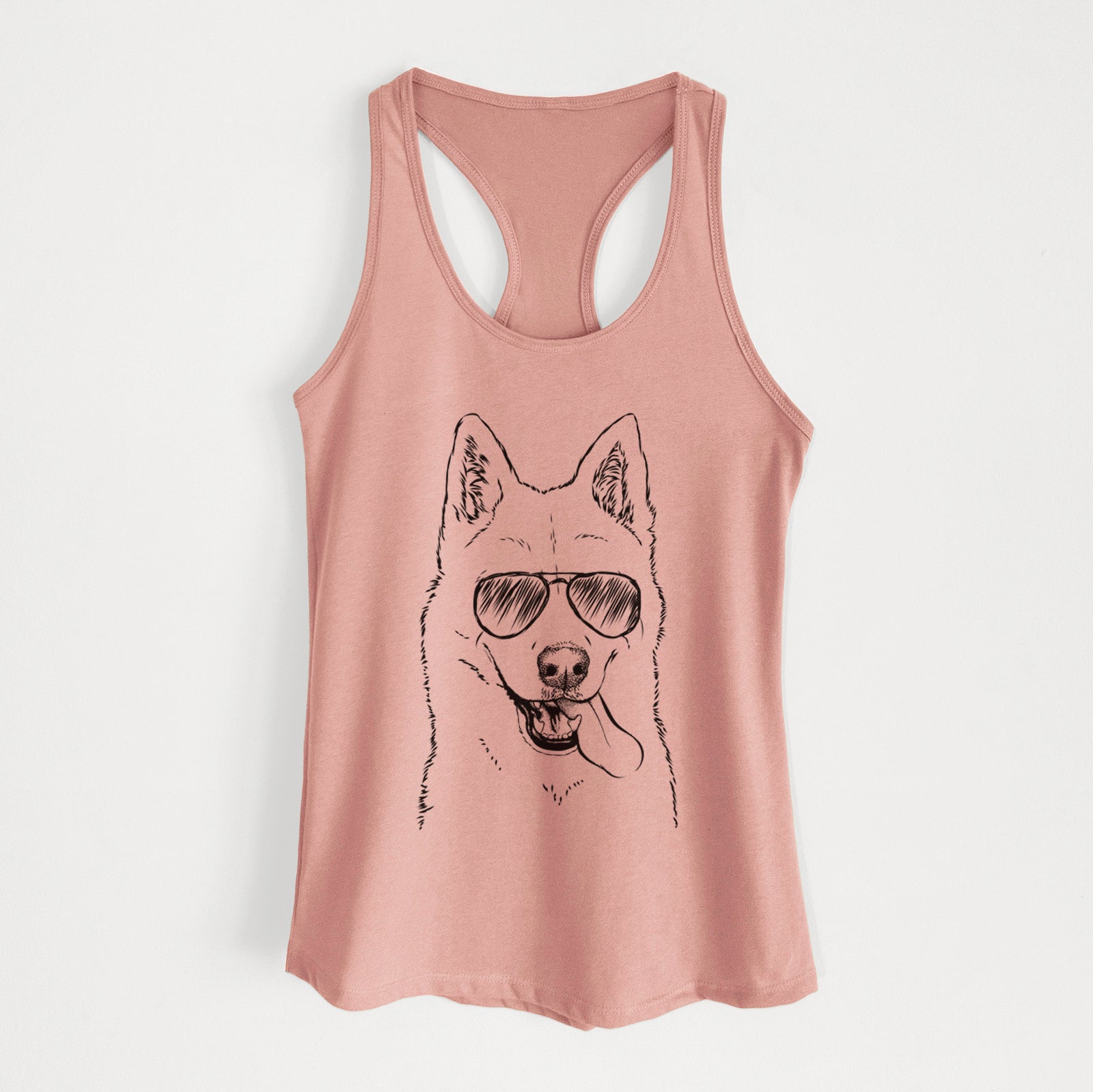 Hand-drawn sketch of Sinatra the Siberian Husky wearing aviator sunglasses on a Desert Pink Women's racerback tanktop
