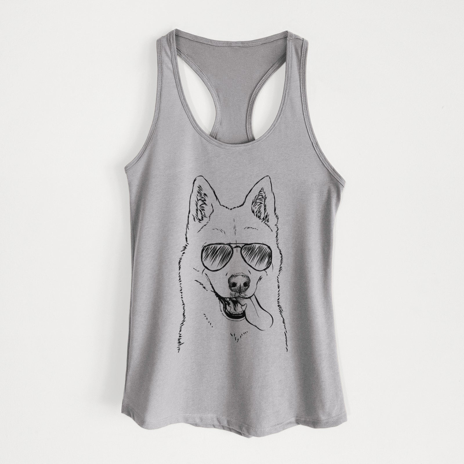 Hand-drawn sketch of Sinatra the Siberian Husky wearing aviator sunglasses on a Heather Grey Women's racerback tanktop