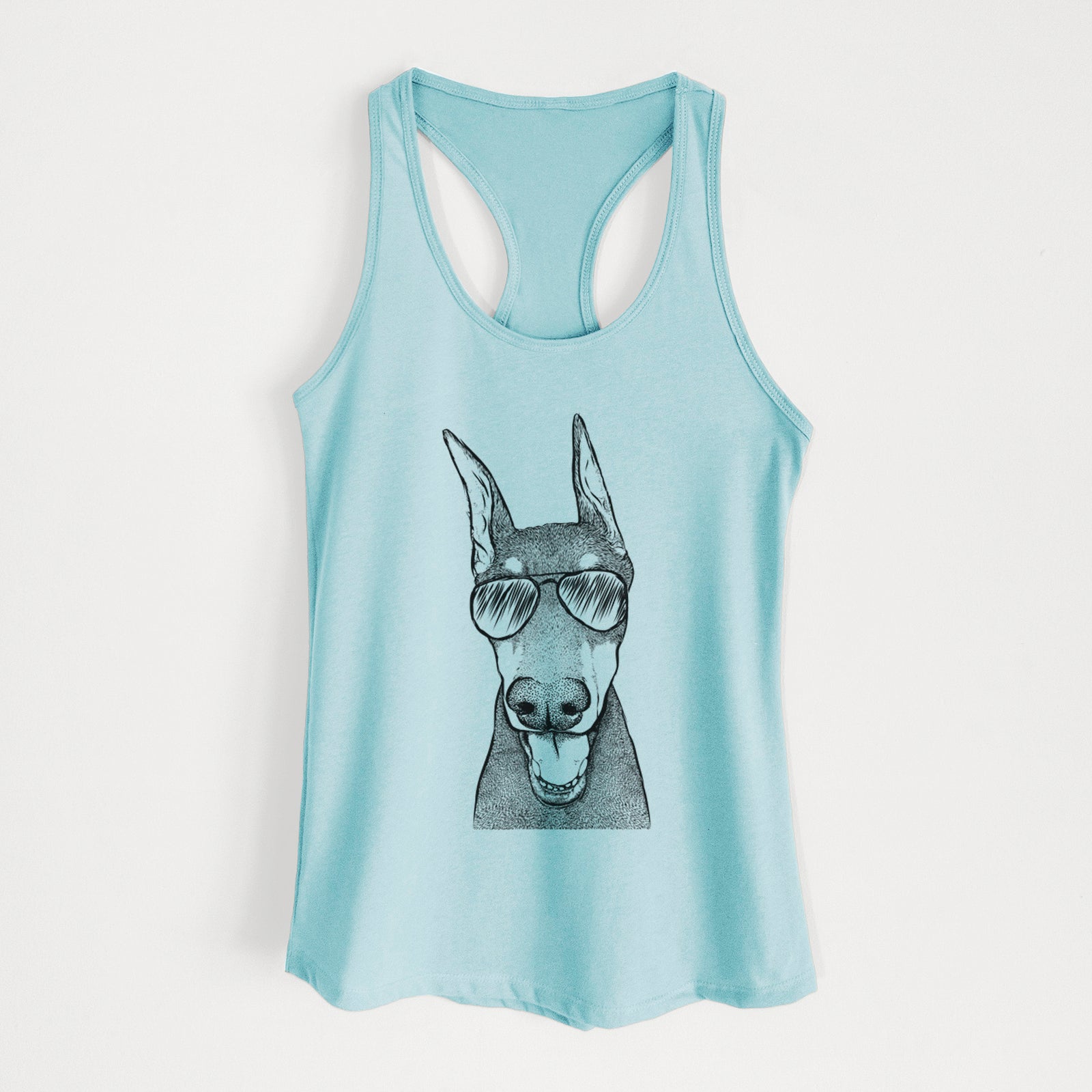 Hand-drawn sketch of Sir Duke the Doberman Pinscher wearing aviator sunglasses on a Cancun Blue Women's racerback tanktop
