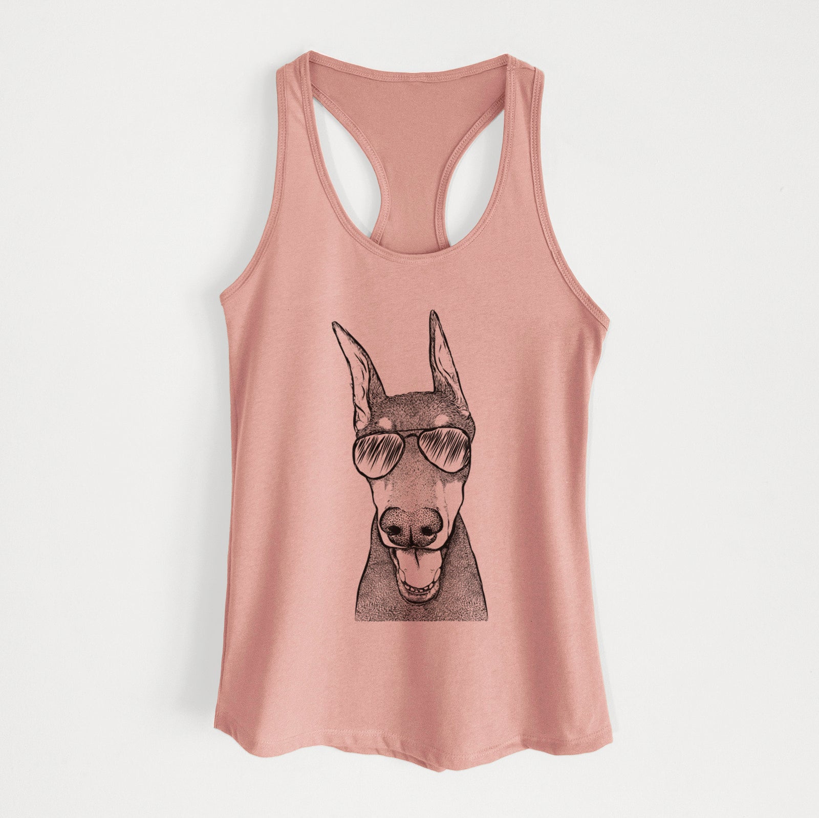 Hand-drawn sketch of Sir Duke the Doberman Pinscher wearing aviator sunglasses on a Desert Pink Women's racerback tanktop