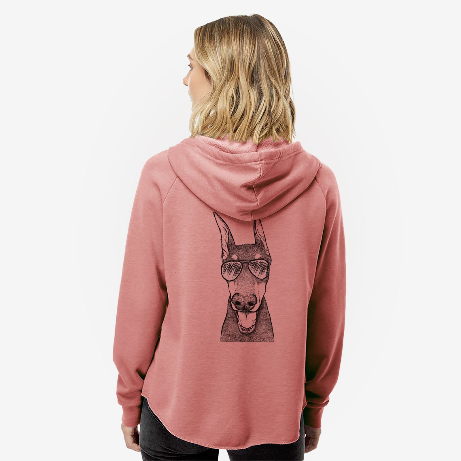 Hand-drawn sketch of Sir Duke the Doberman Pinscher wearing aviator sunglasses on a Dusty Rose Women's cali wave zip-up sweatshirt