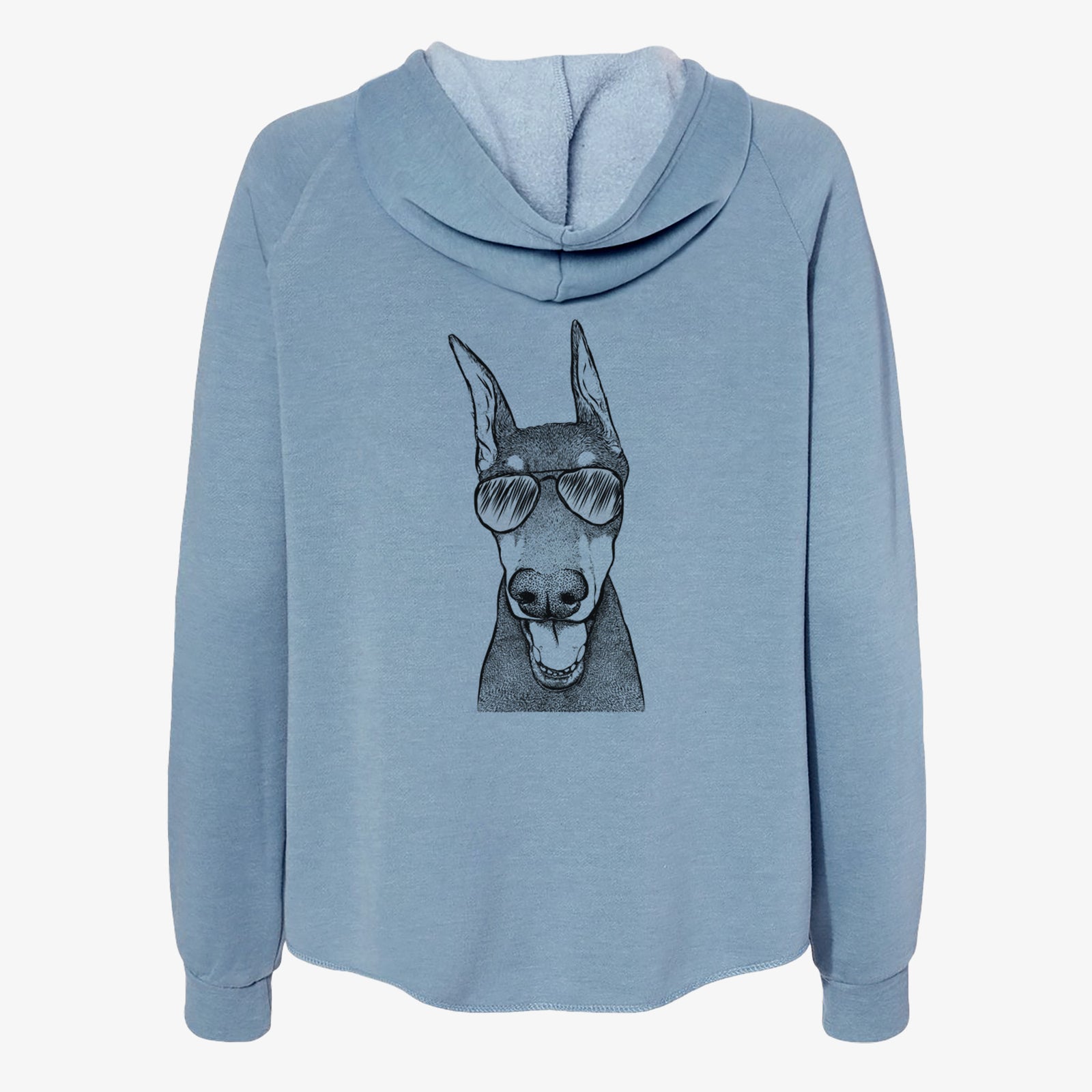 Hand-drawn sketch of Sir Duke the Doberman Pinscher wearing aviator sunglasses on a Misty Blue Women's cali wave zip-up sweatshirt