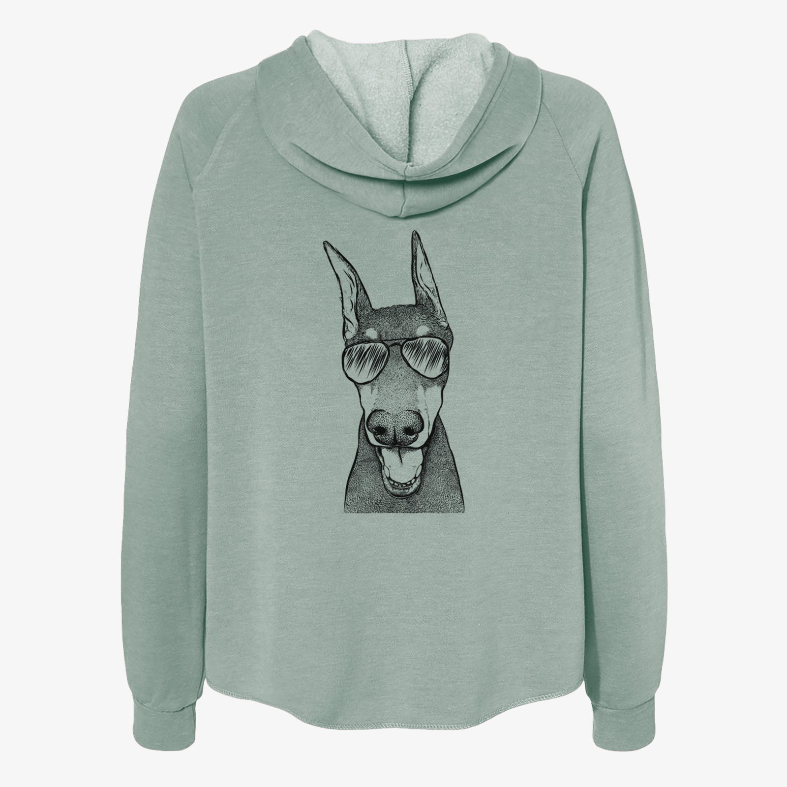 Hand-drawn sketch of Sir Duke the Doberman Pinscher wearing aviator sunglasses on a Sage Women's cali wave zip-up sweatshirt