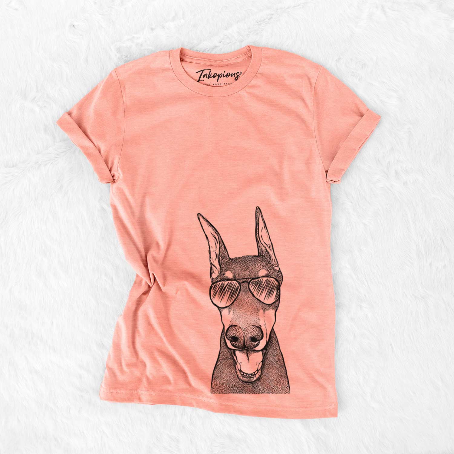 Hand-drawn sketch of Sir Duke the Doberman Pinscher wearing aviator sunglasses on a Sunset Bella Canvas Unisex Crewneck