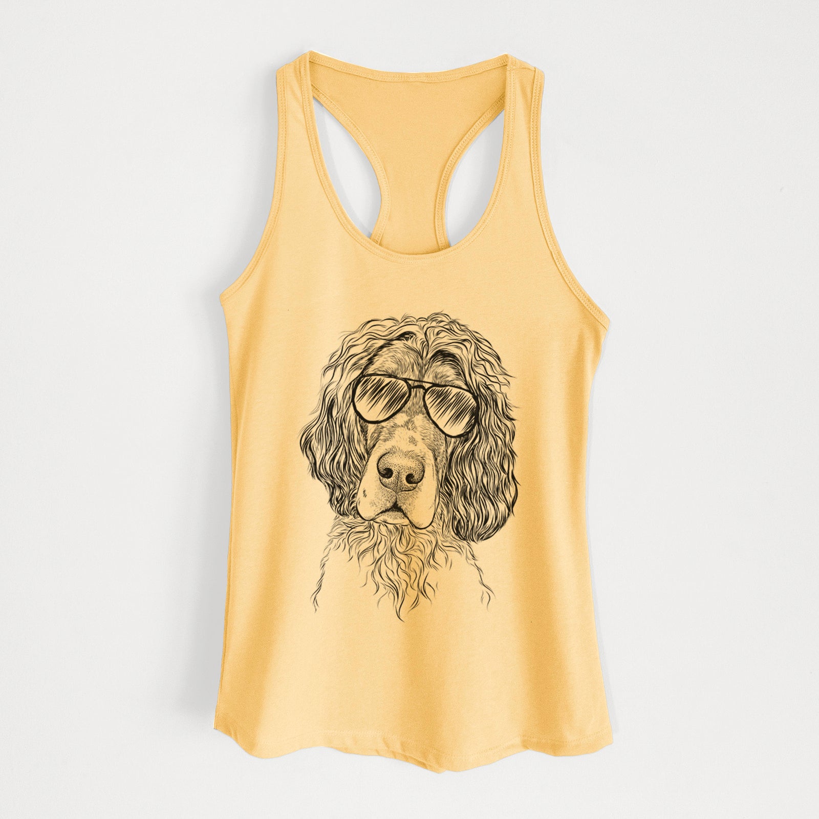 Hand-drawn sketch of Sir Rexford the Blue Belton English Setter wearing aviator sunglasses on a Banana Cream Women's racerback tanktop