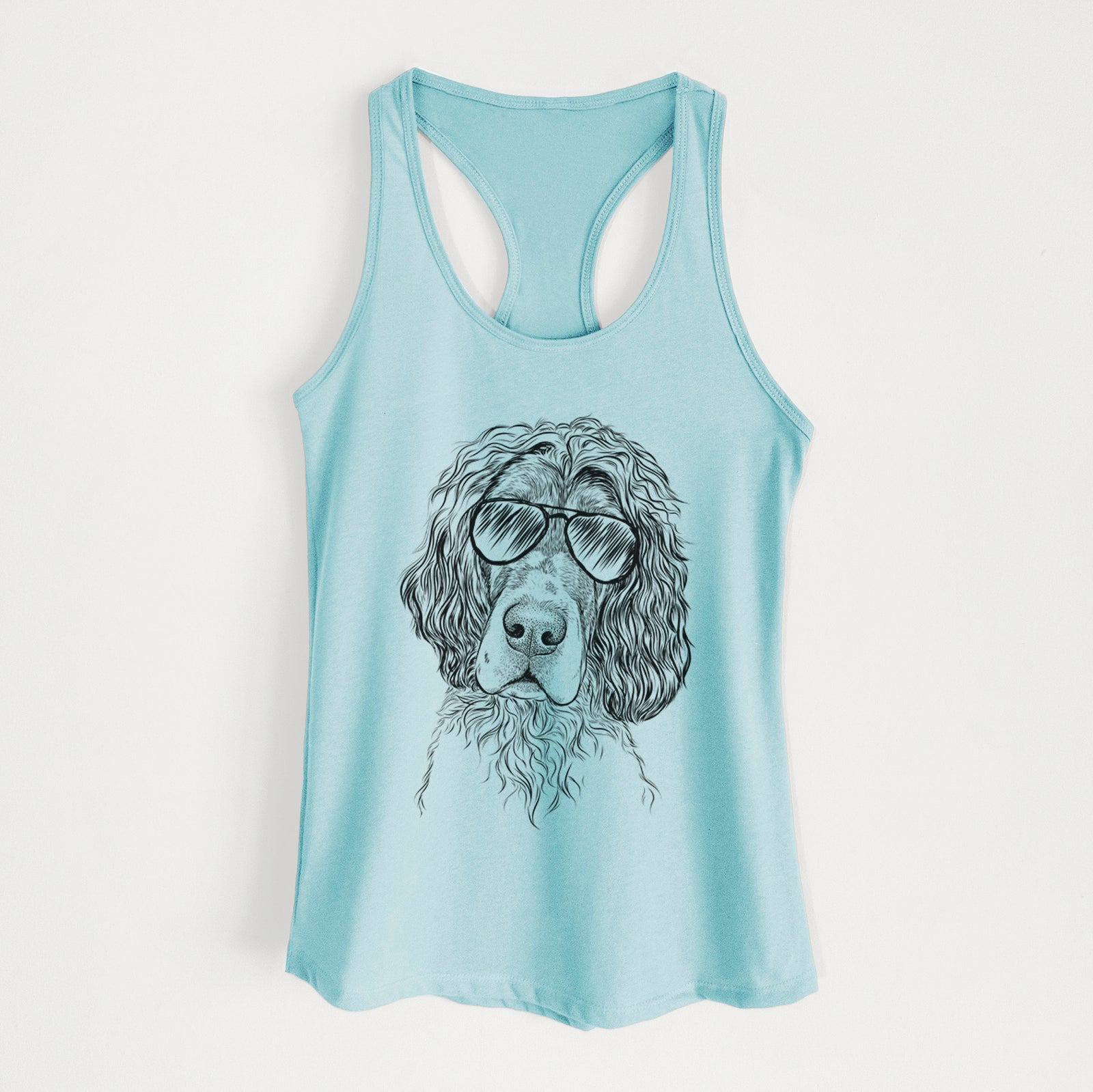 Hand-drawn sketch of Sir Rexford the Blue Belton English Setter wearing aviator sunglasses on a Cancun Blue Women's racerback tanktop