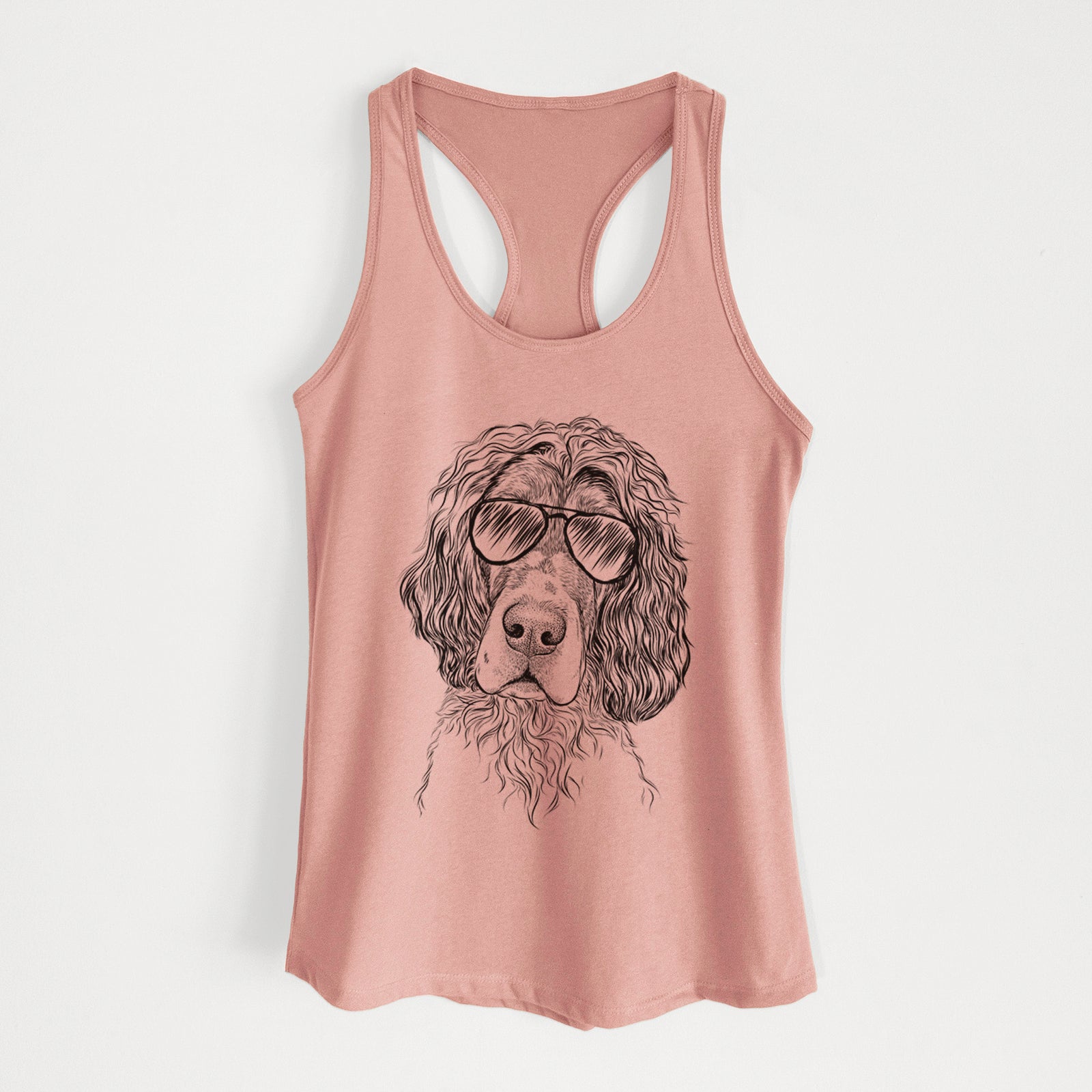 Hand-drawn sketch of Sir Rexford the Blue Belton English Setter wearing aviator sunglasses on a Desert Pink Women's racerback tanktop