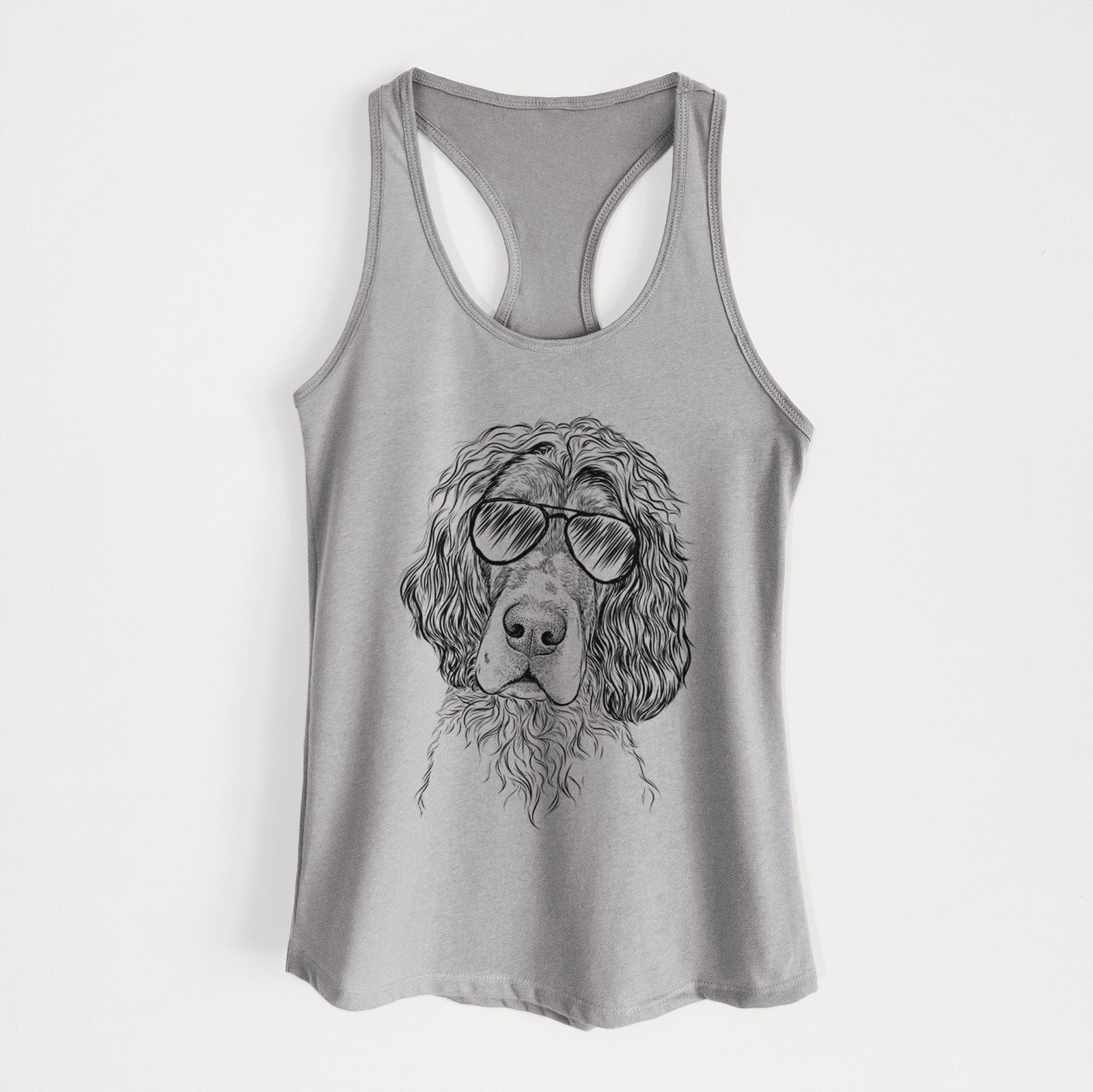 Hand-drawn sketch of Sir Rexford the Blue Belton English Setter wearing aviator sunglasses on a Heather Grey Women's racerback tanktop