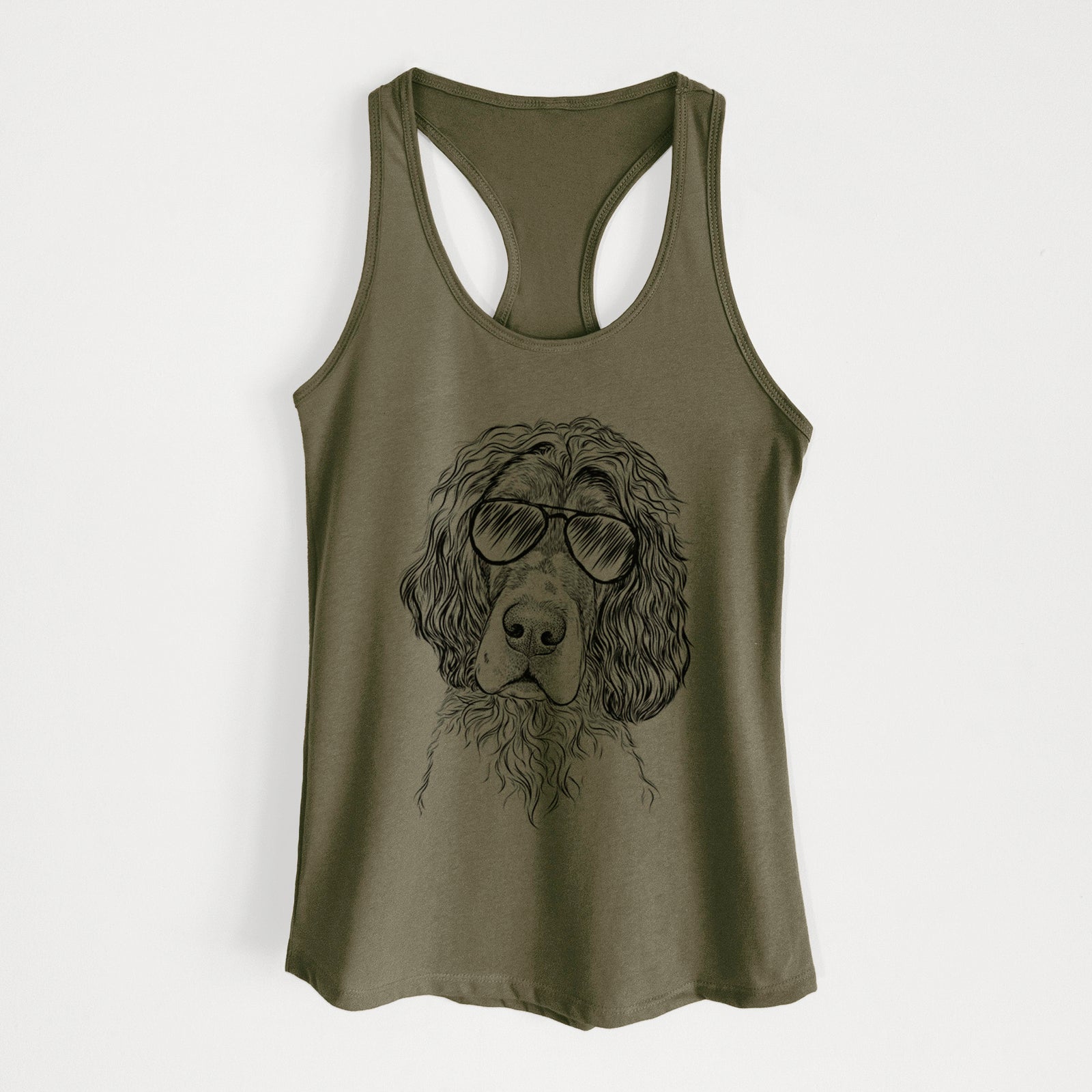 Hand-drawn sketch of Sir Rexford the Blue Belton English Setter wearing aviator sunglasses on a Military Green Women's racerback tanktop