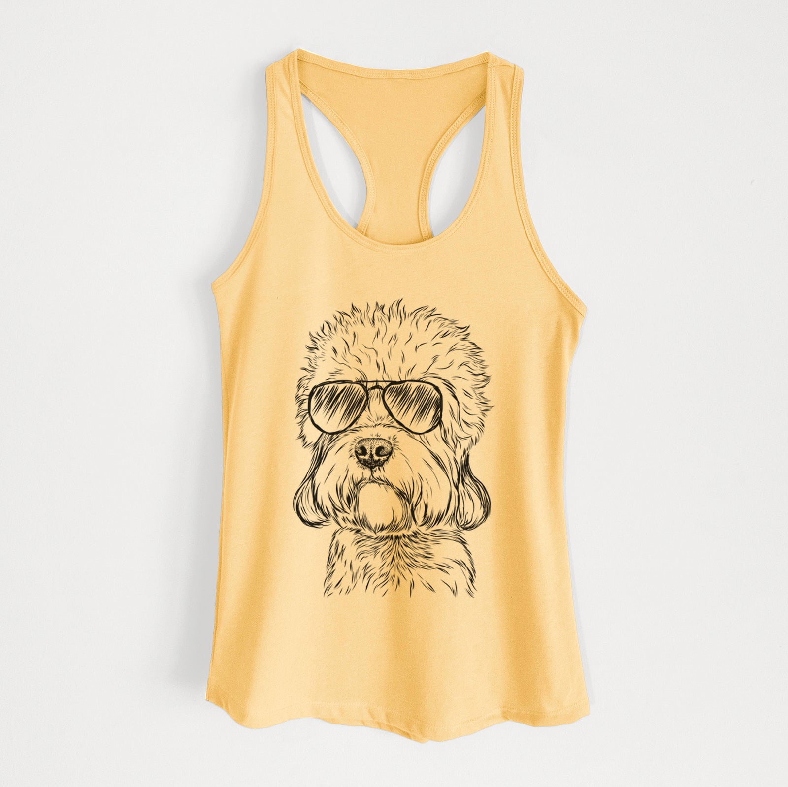 Hand-drawn sketch of Sir Walter the Dandie Dinmont Terrier wearing aviator sunglasses on a Banana Cream Women's racerback tanktop