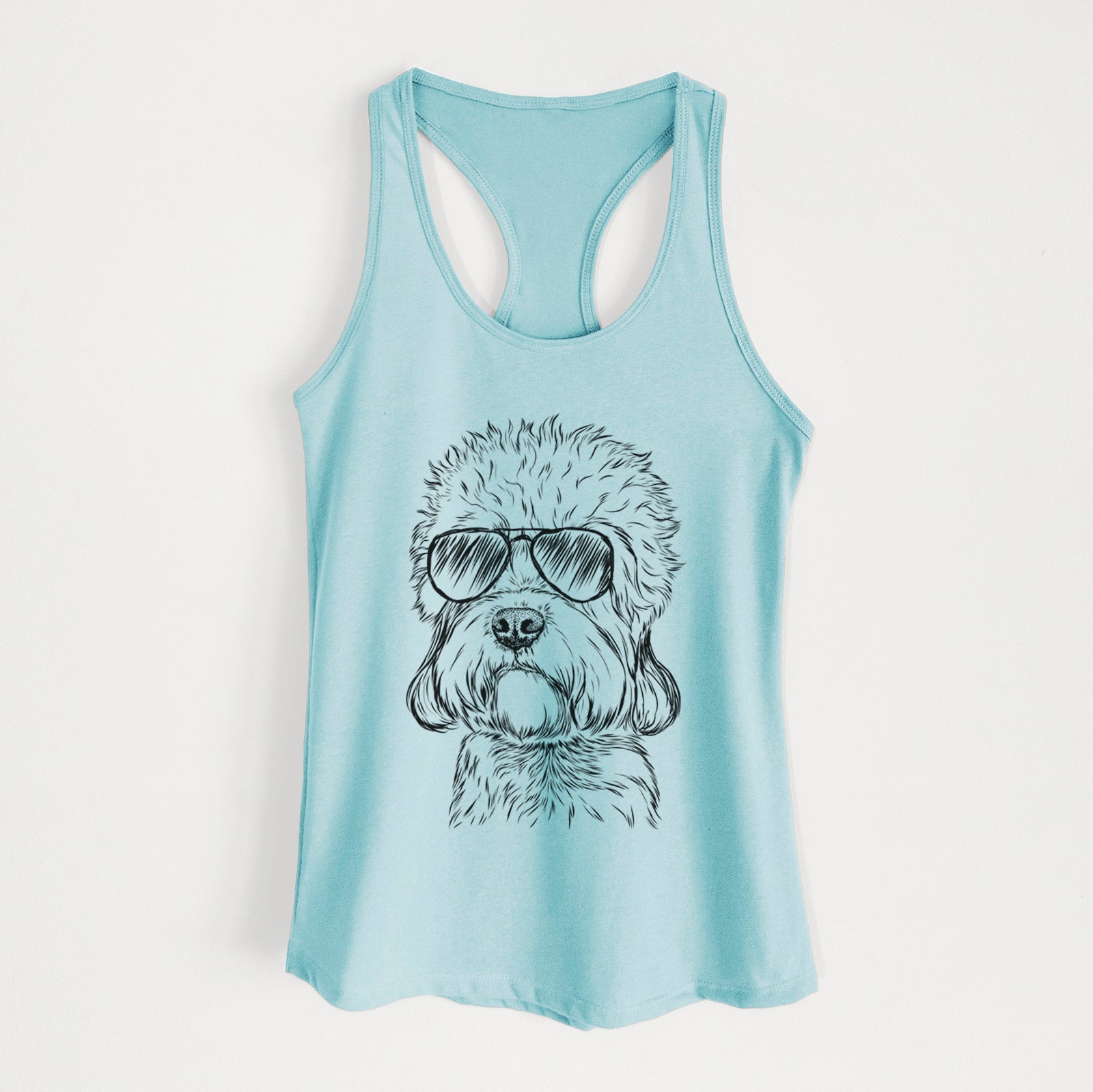 Hand-drawn sketch of Sir Walter the Dandie Dinmont Terrier wearing aviator sunglasses on a Cancun Blue Women's racerback tanktop
