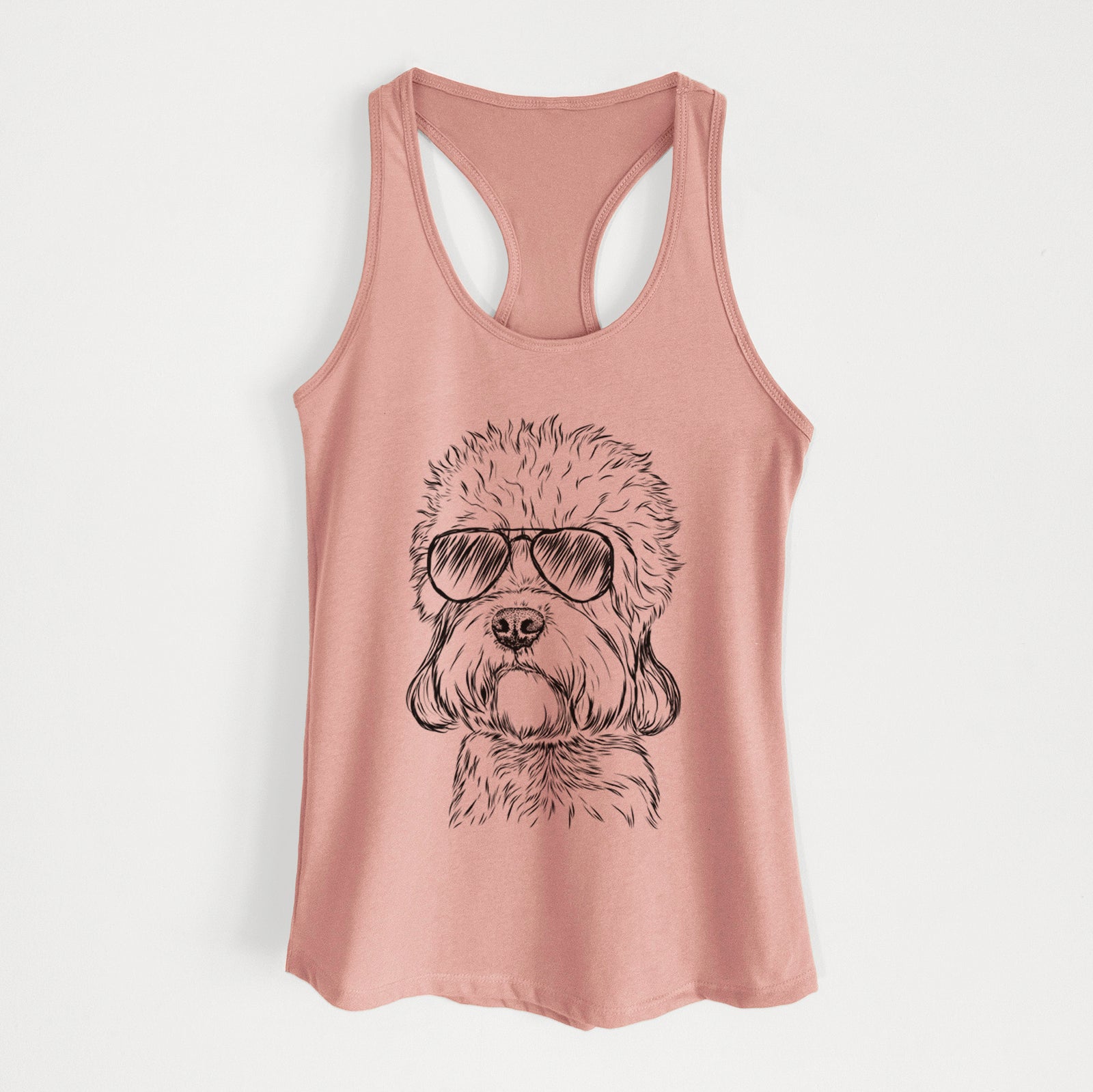 Hand-drawn sketch of Sir Walter the Dandie Dinmont Terrier wearing aviator sunglasses on a Desert Pink Women's racerback tanktop
