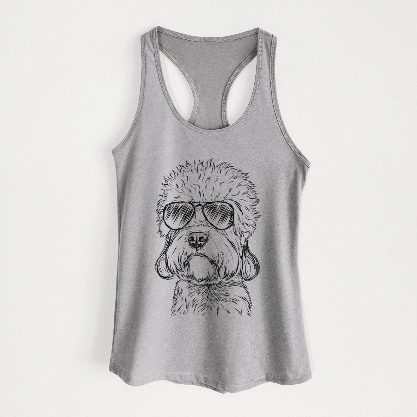 Hand-drawn sketch of Sir Walter the Dandie Dinmont Terrier wearing aviator sunglasses on a Heather Grey Women's racerback tanktop
