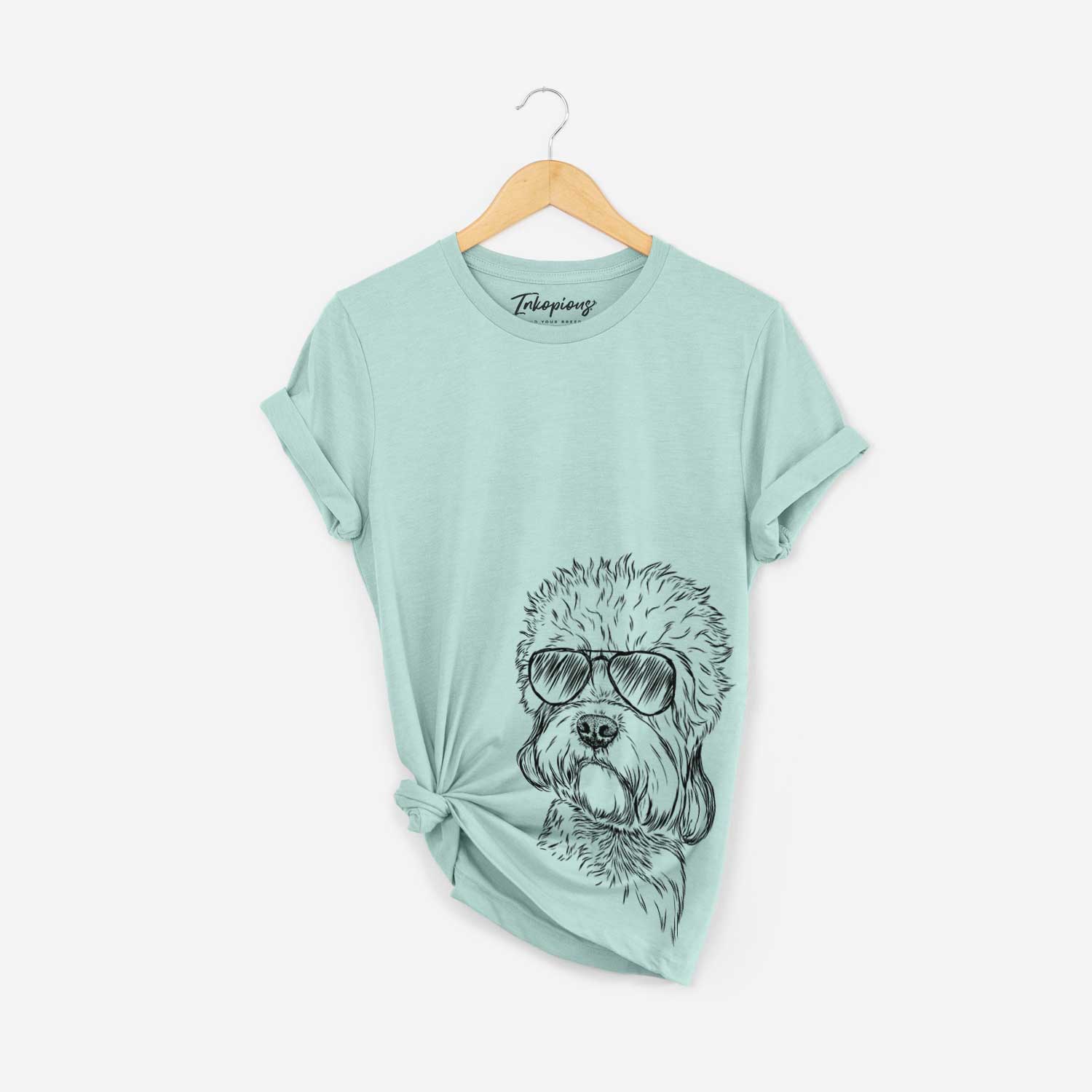 Hand-drawn sketch of Sir Walter Dandie the Dandie Dinmont Terrier wearing aviator sunglasses on a Heather Sage Bella Canvas Unisex Crewneck