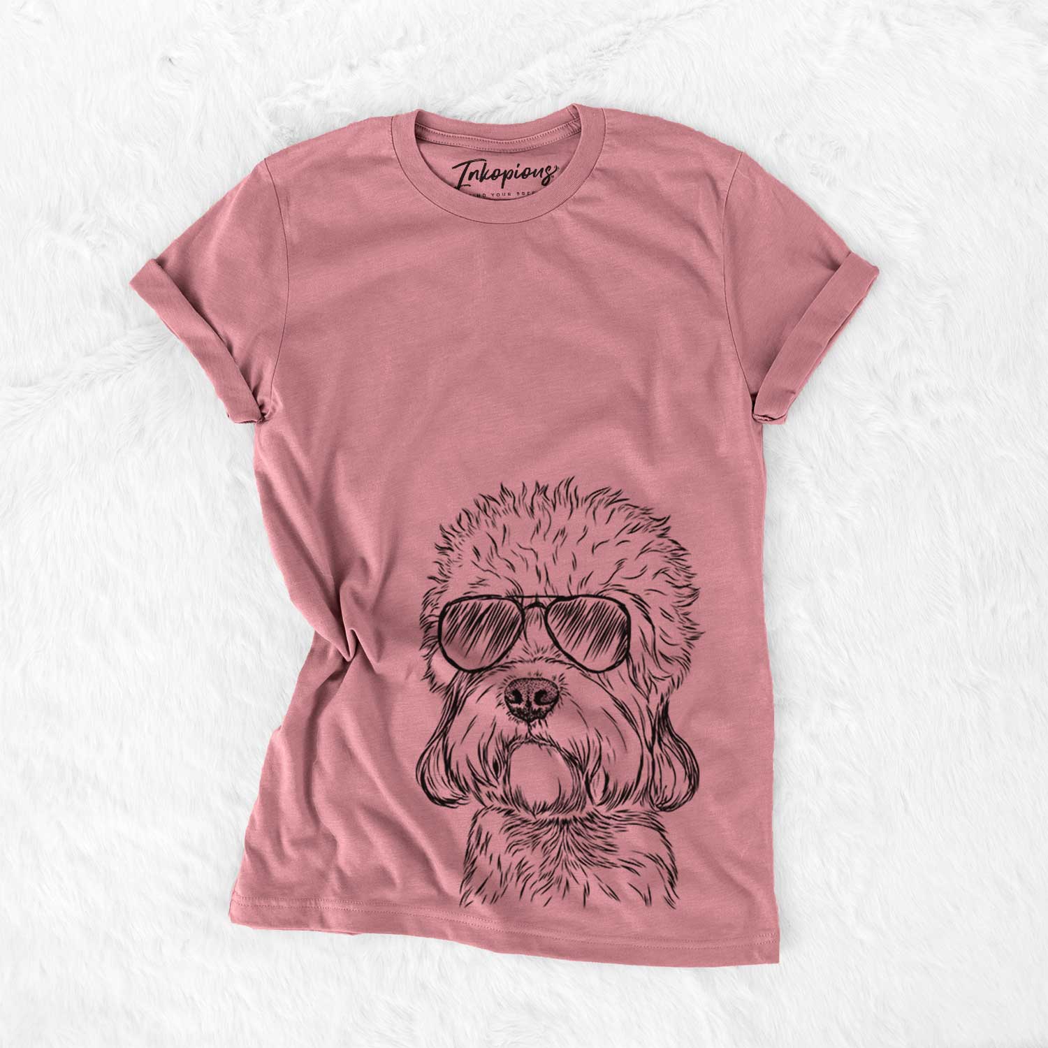 Hand-drawn sketch of Sir Walter Dandie the Dandie Dinmont Terrier wearing aviator sunglasses on a Mauve Bella Canvas Unisex Crewneck