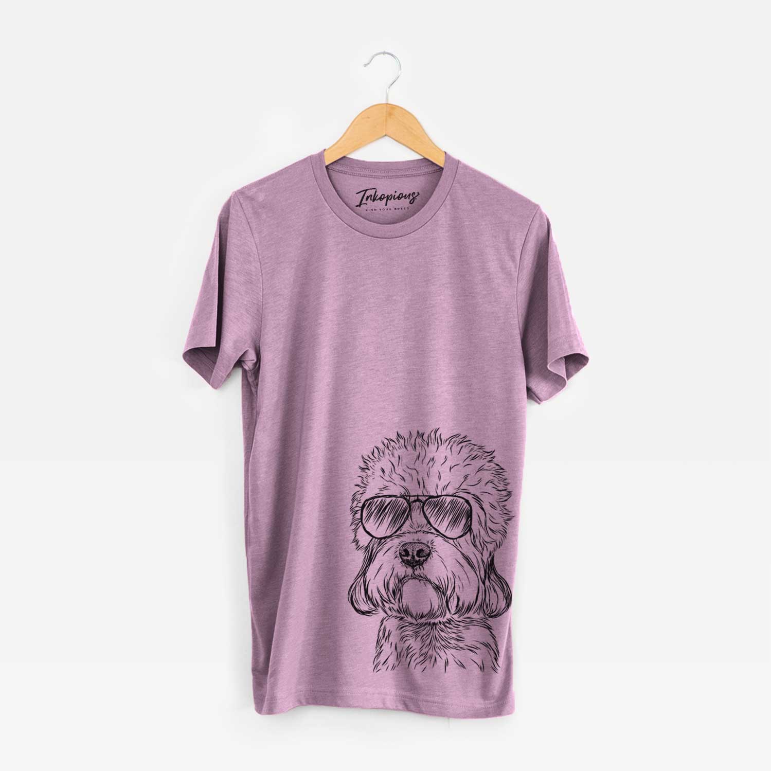 Hand-drawn sketch of Sir Walter Dandie the Dandie Dinmont Terrier wearing aviator sunglasses on an Orchid Bella Canvas Unisex Crewneck