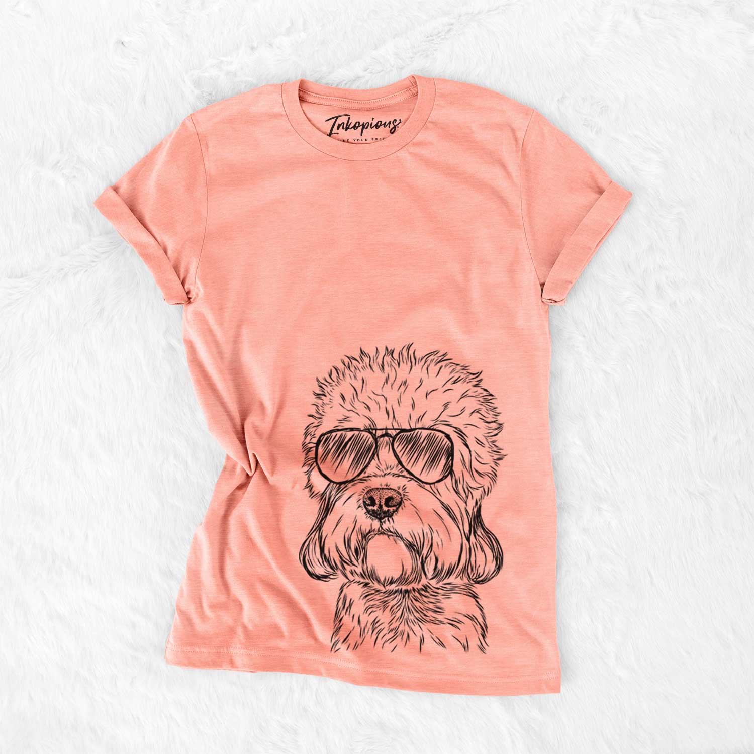 Hand-drawn sketch of Sir Walter Dandie the Dandie Dinmont Terrier wearing aviator sunglasses on a Sunset Bella Canvas Unisex Crewneck