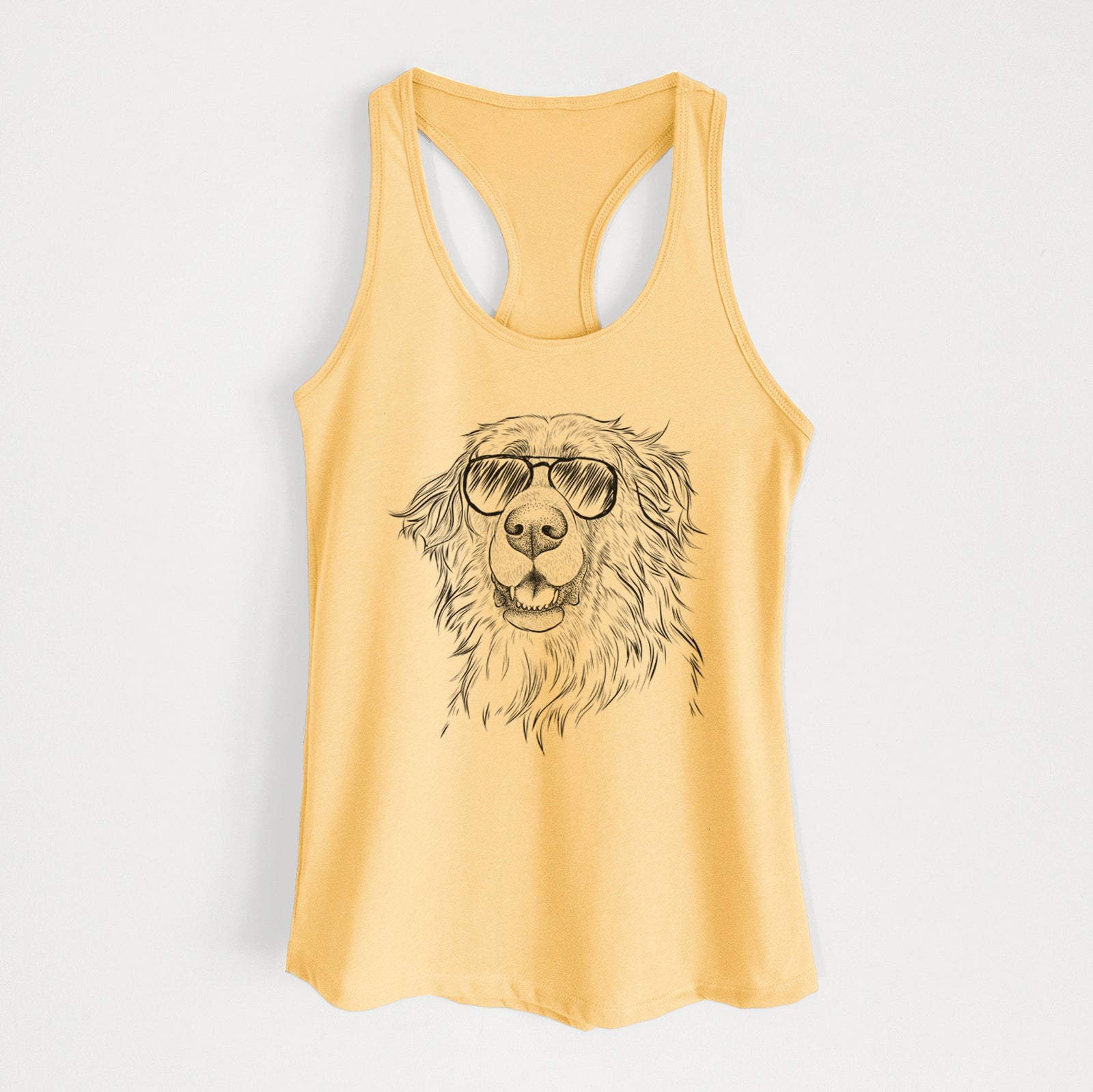 Hand-drawn sketch of Siri the Leonberger wearing aviator sunglasses on a Banana Cream Women's racerback tanktop