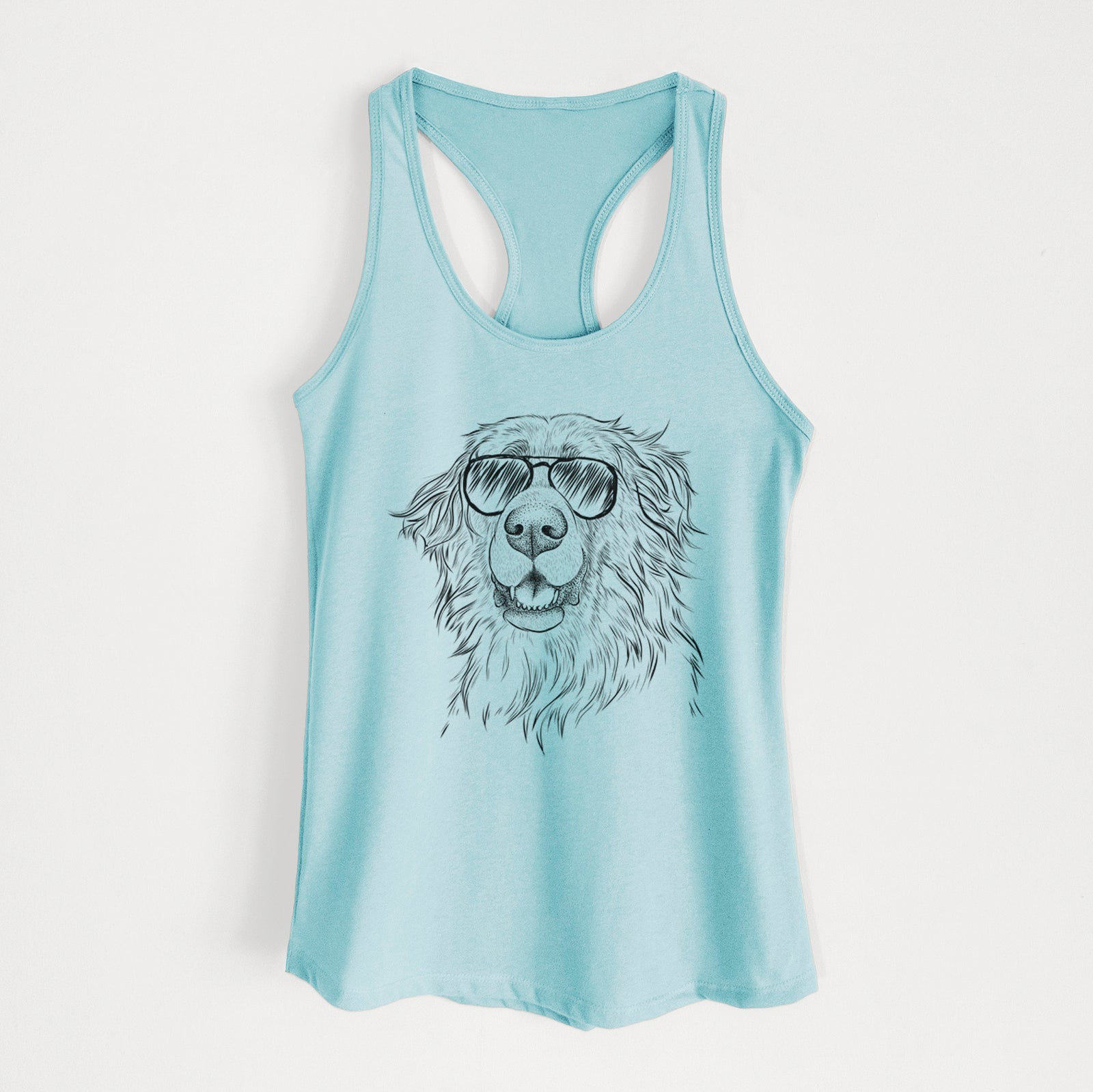 Hand-drawn sketch of Siri the Leonberger wearing aviator sunglasses on a Cancun Blue Women's racerback tanktop