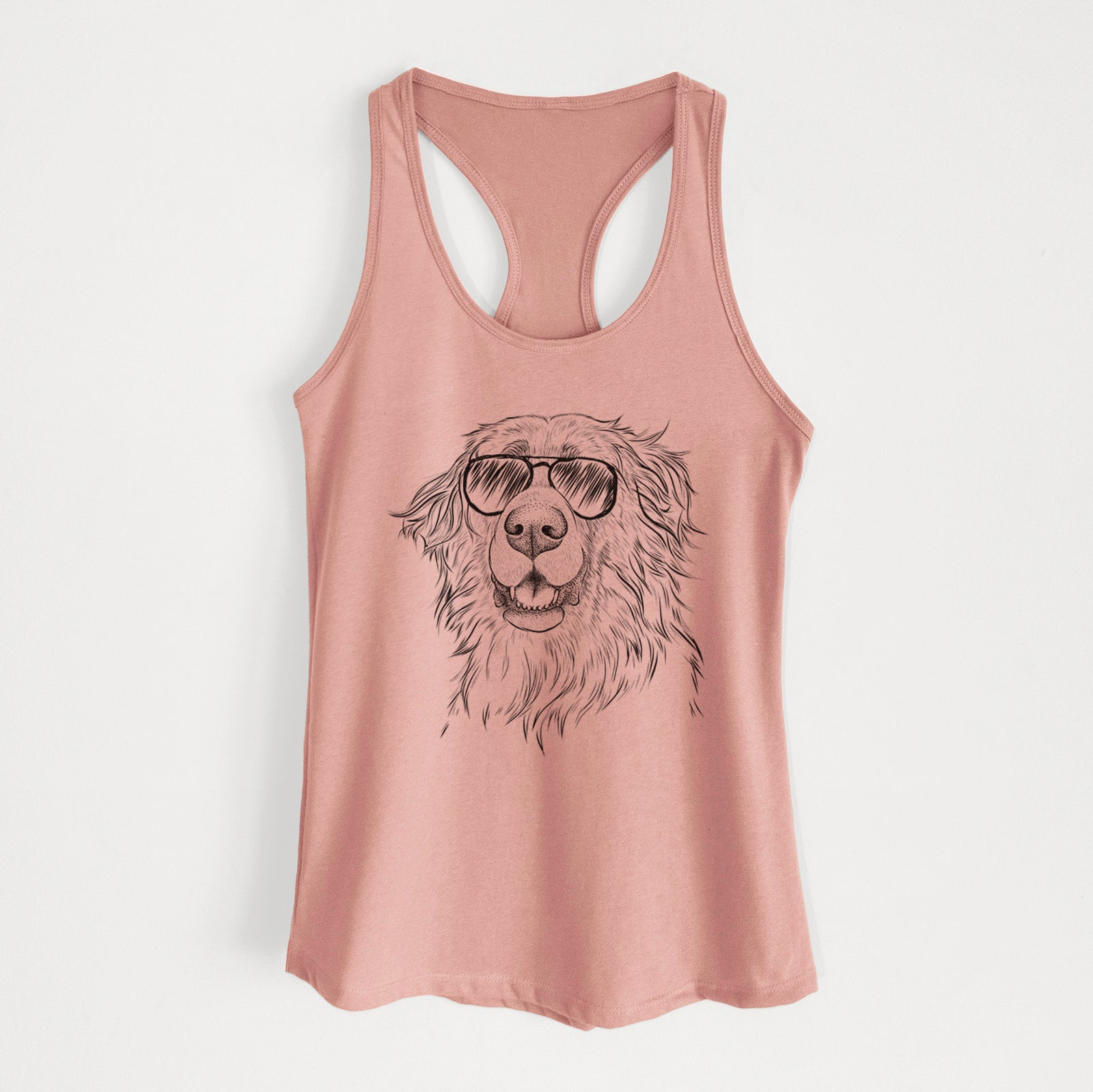 Hand-drawn sketch of Siri the Leonberger wearing aviator sunglasses on a Desert Pink Women's racerback tanktop