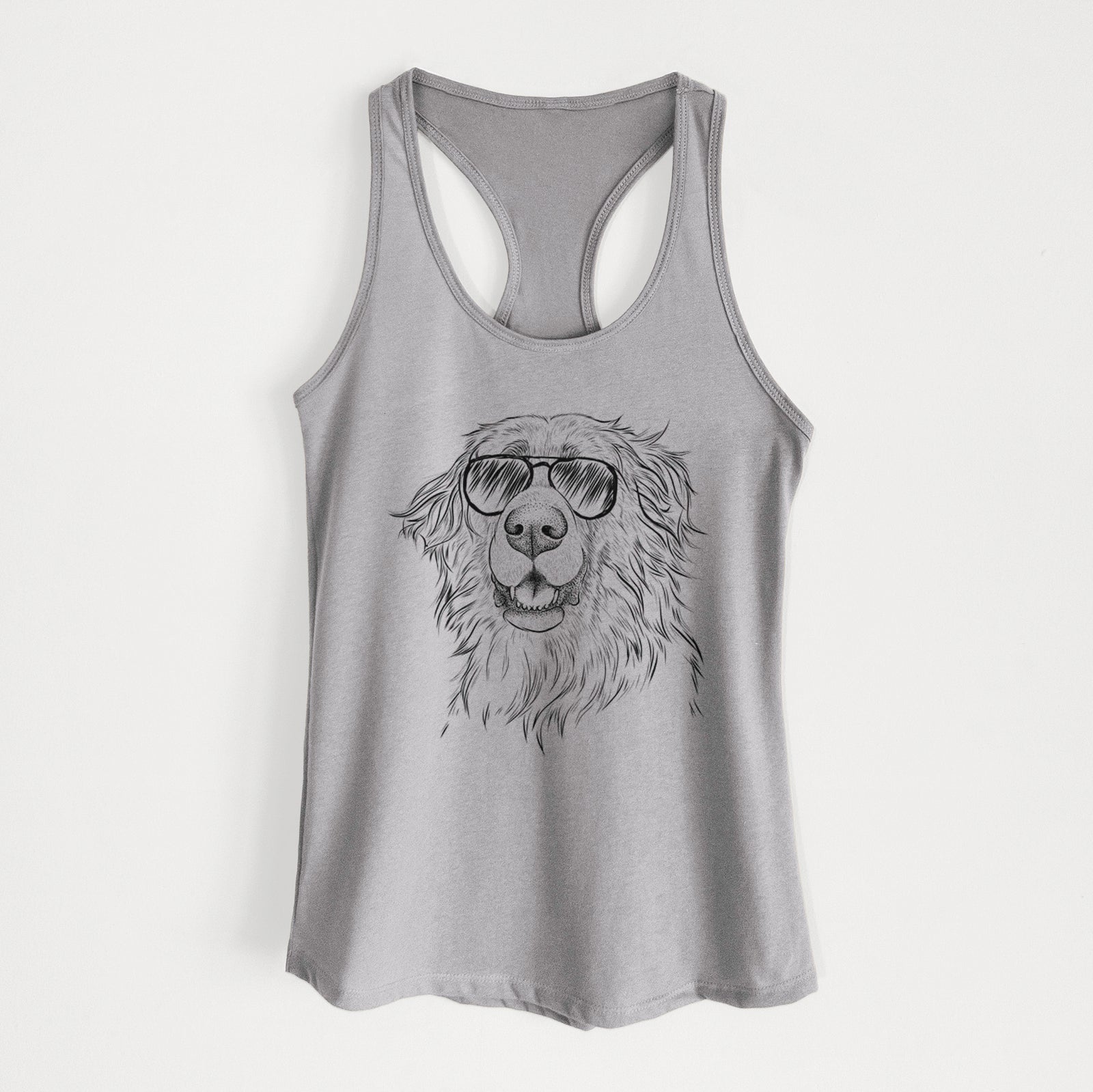 Hand-drawn sketch of Siri the Leonberger wearing aviator sunglasses on a Heather Grey Women's racerback tanktop