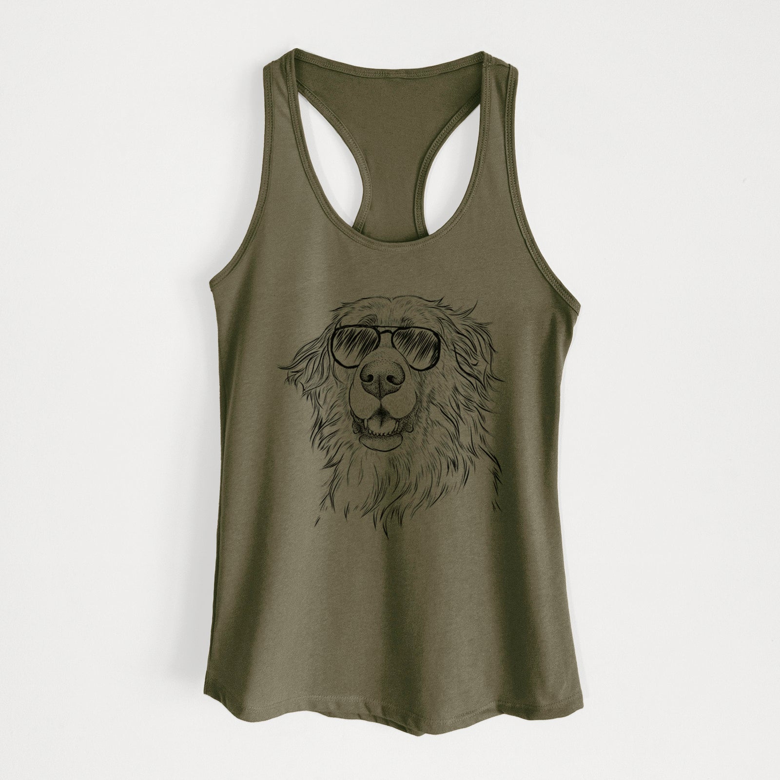 Hand-drawn sketch of Siri the Leonberger wearing aviator sunglasses on a Military Green Women's racerback tanktop