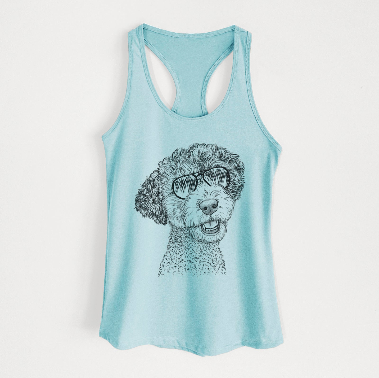 Hand-drawn sketch of Skipper the Twoodle wearing aviator sunglasses on a Cancun Blue Women's racerback tanktop