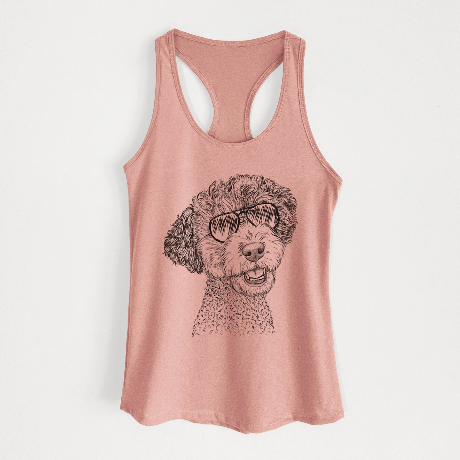 Hand-drawn sketch of Skipper the Twoodle wearing aviator sunglasses on a Desert Pink Women's racerback tanktop