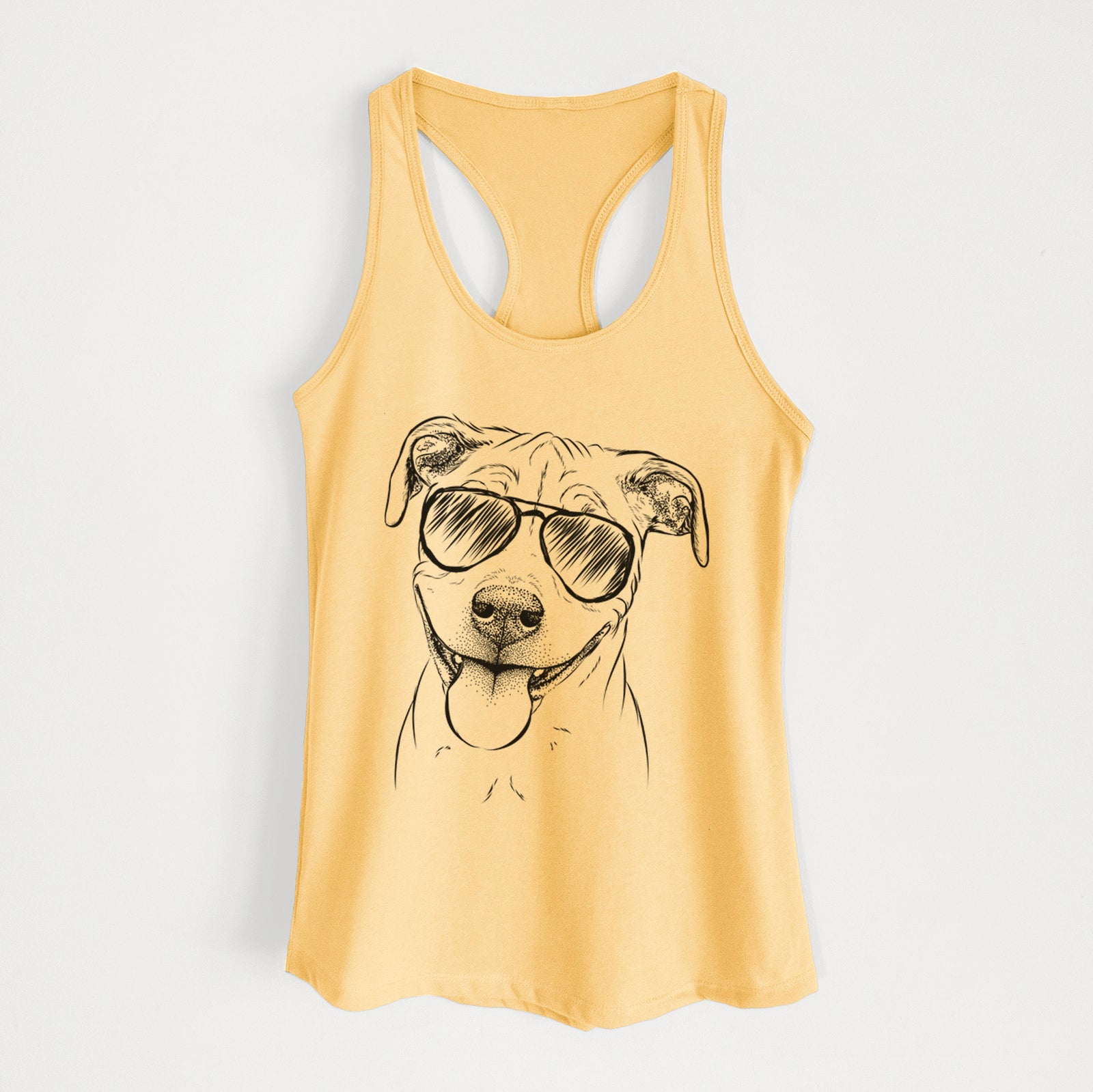 Hand-drawn sketch of Skye the Pitweiler wearing aviator sunglasses on a Banana Cream Women's racerback tanktop