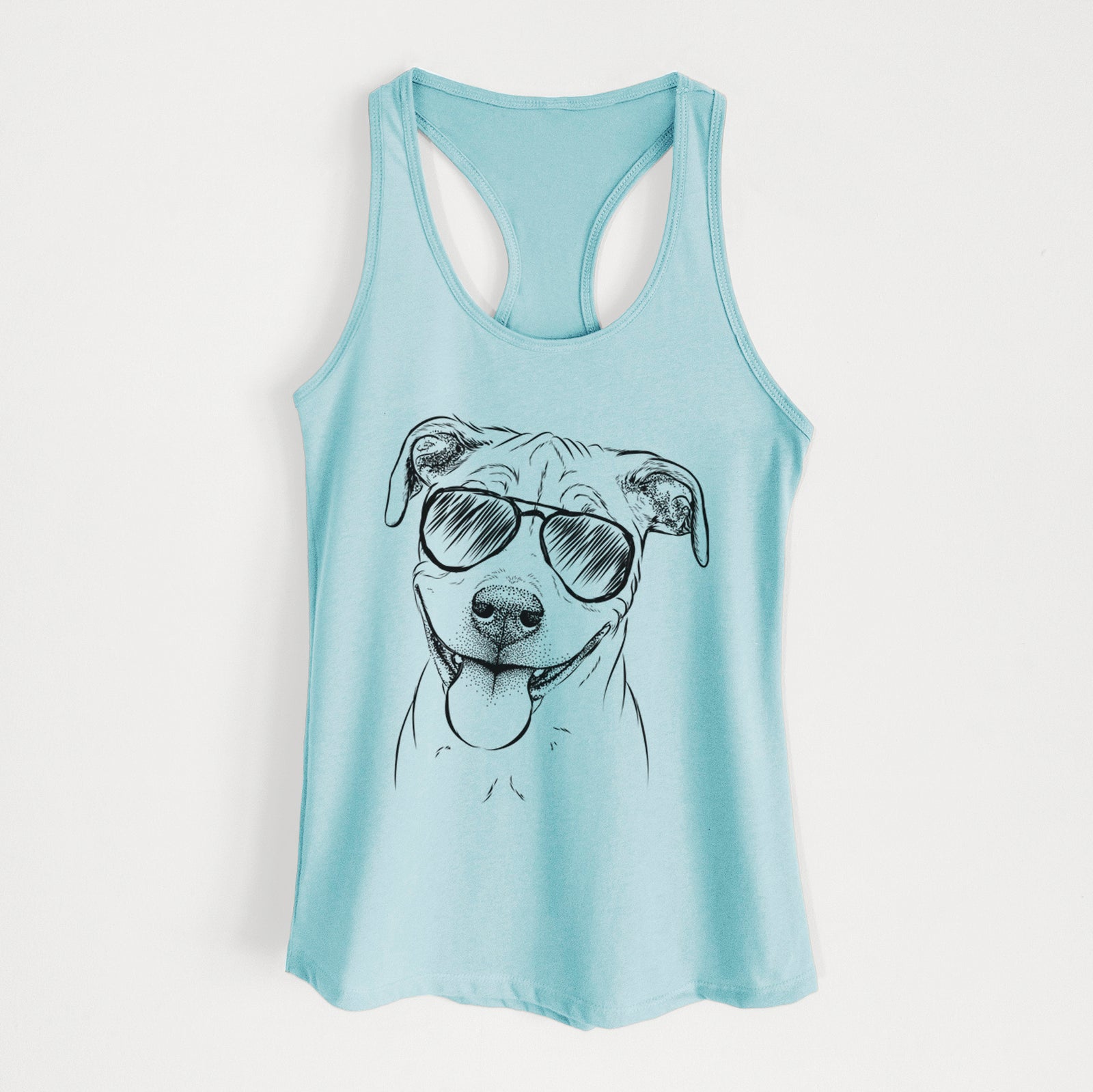 Hand-drawn sketch of Skye the Pitweiler wearing aviator sunglasses on a Cancun Blue Women's racerback tanktop