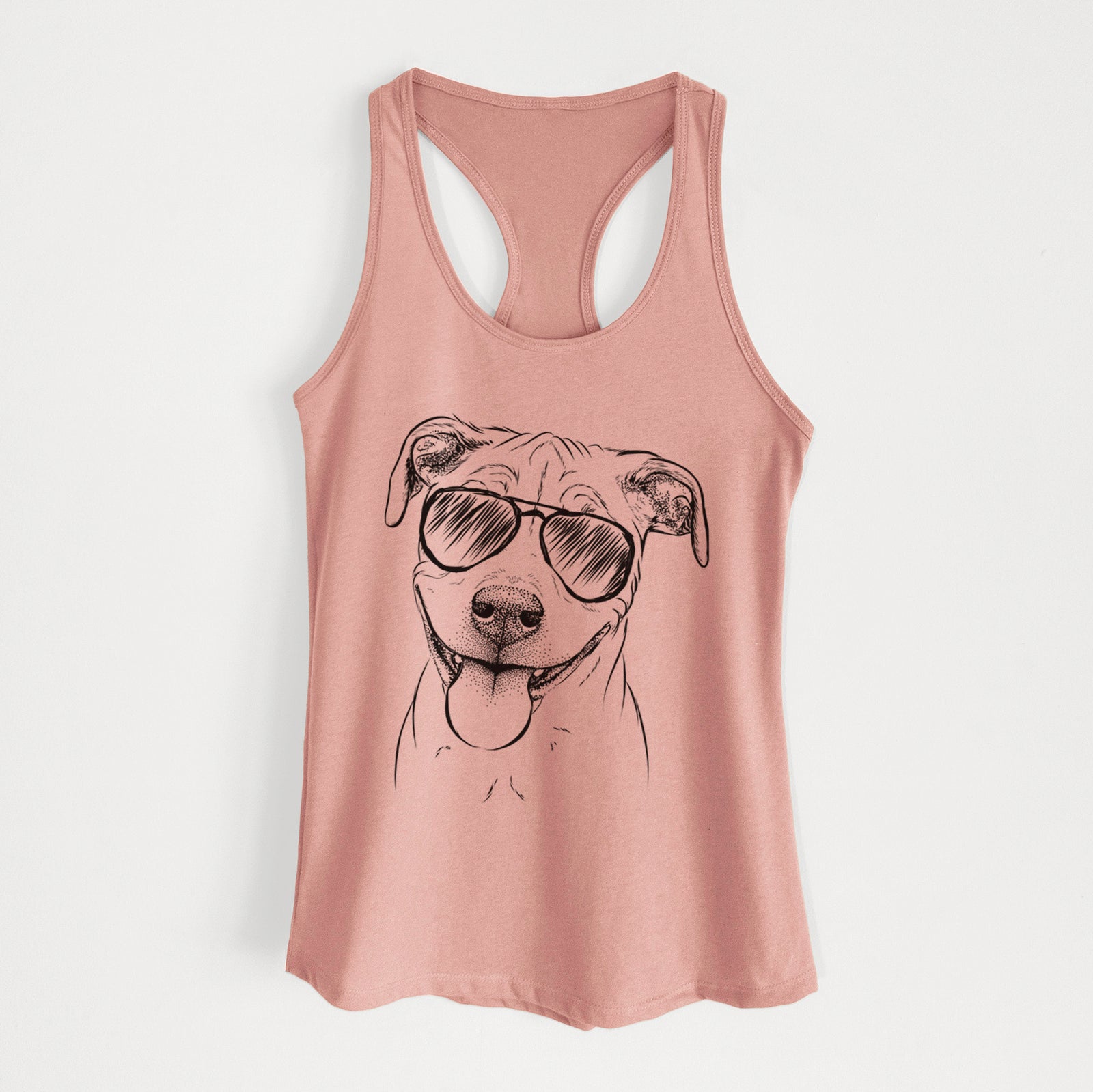 Hand-drawn sketch of Skye the Pitweiler wearing aviator sunglasses on a Desert Pink Women's racerback tanktop